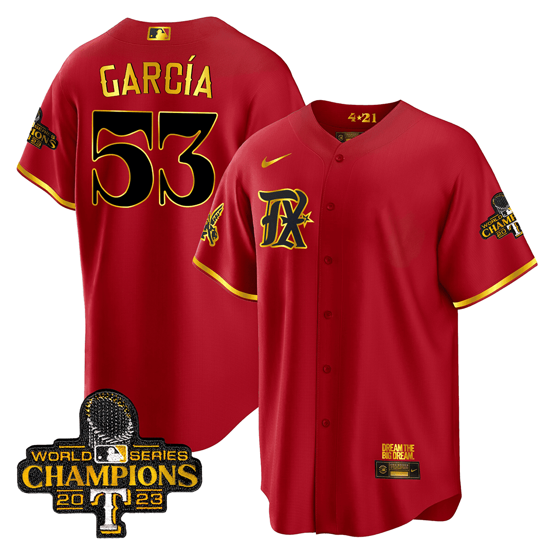 Adolis Garcia Men's Texas Rangers World Series Champions City Connect Cool Gold V2 Red Gold Jersey