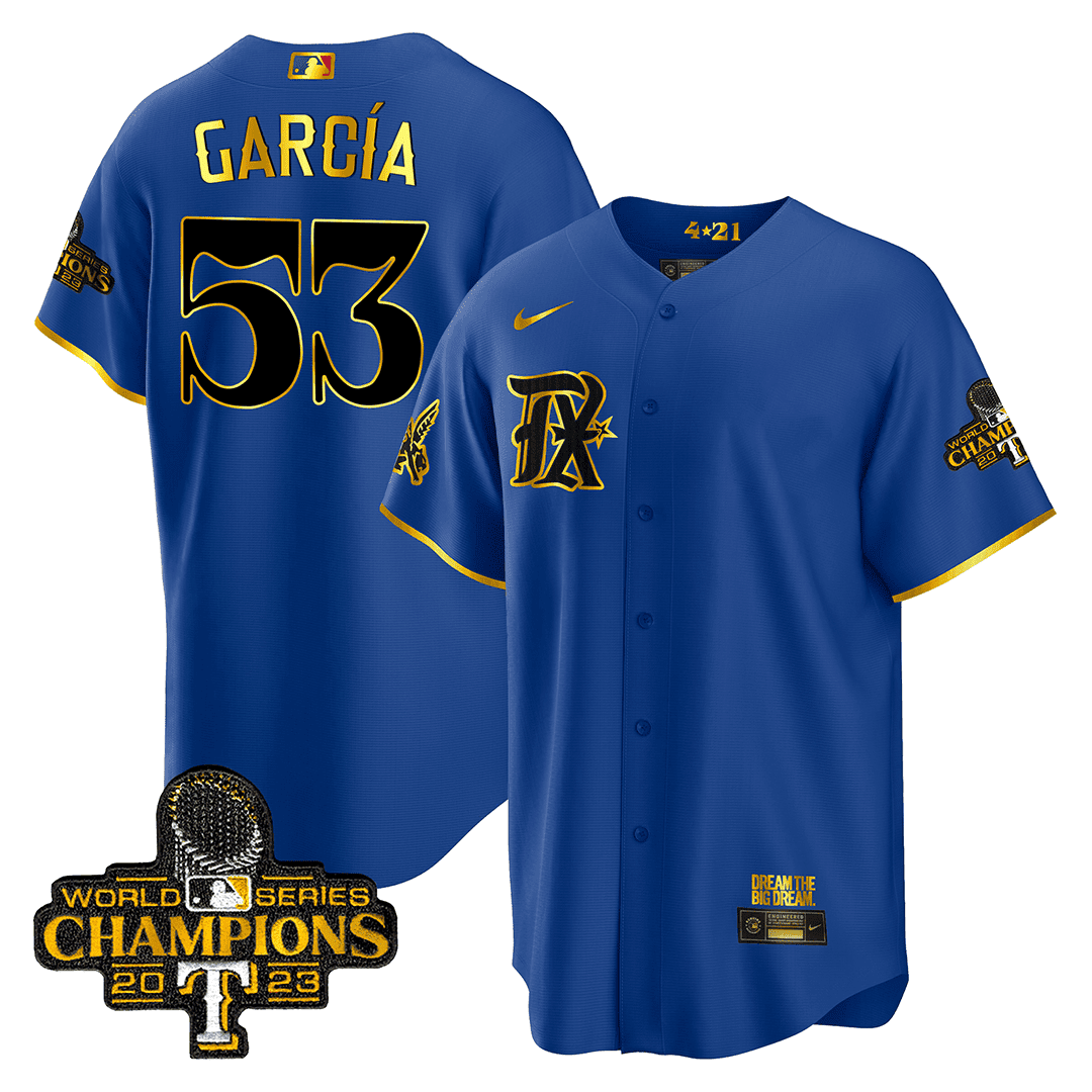 Adolis Garcia Men's Texas Rangers World Series Champions City Connect Cool Gold V2 Royal Blue Gold Jersey