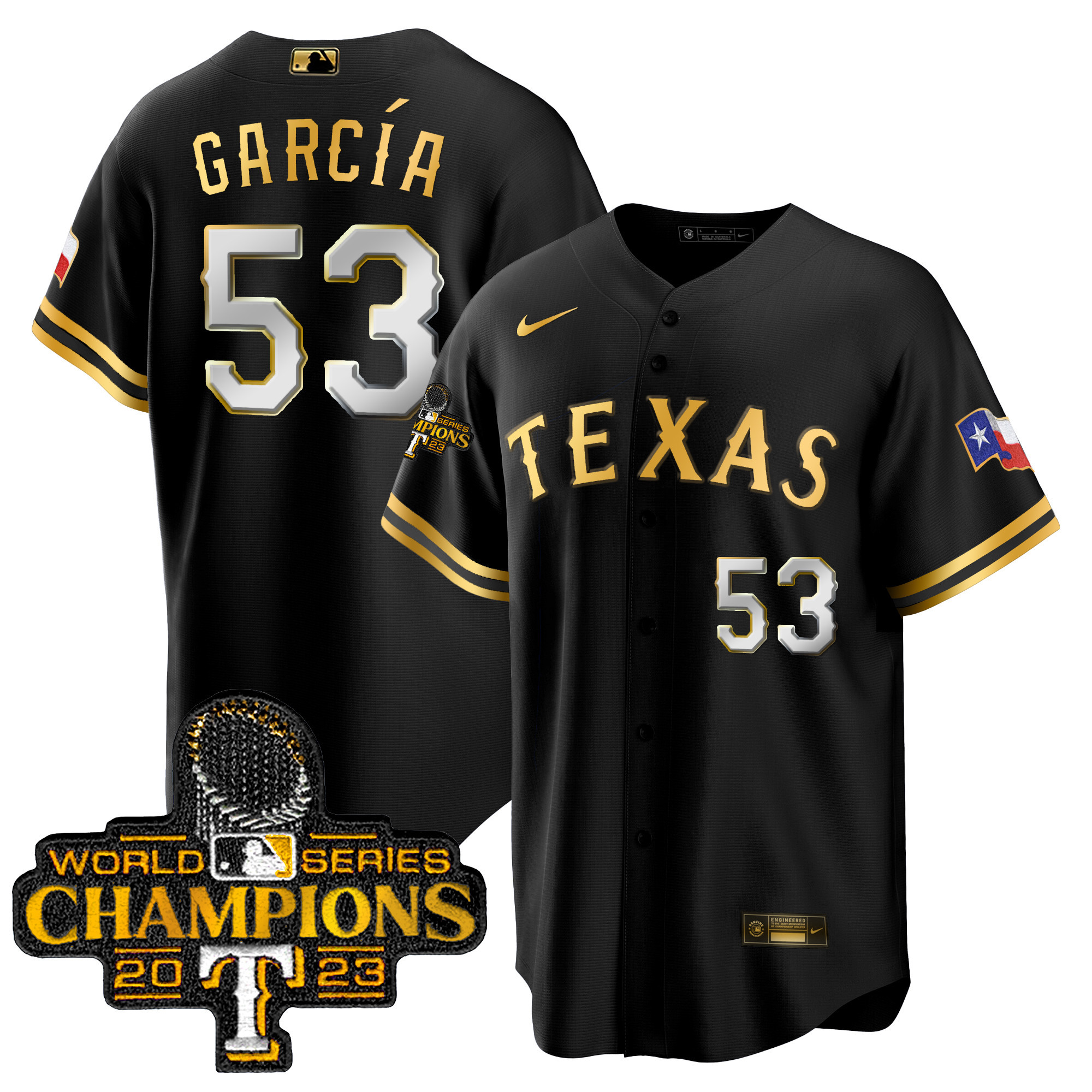 Adolis Garcia Men's Texas Rangers World Series Champions Cool Base Black Gold Jersey
