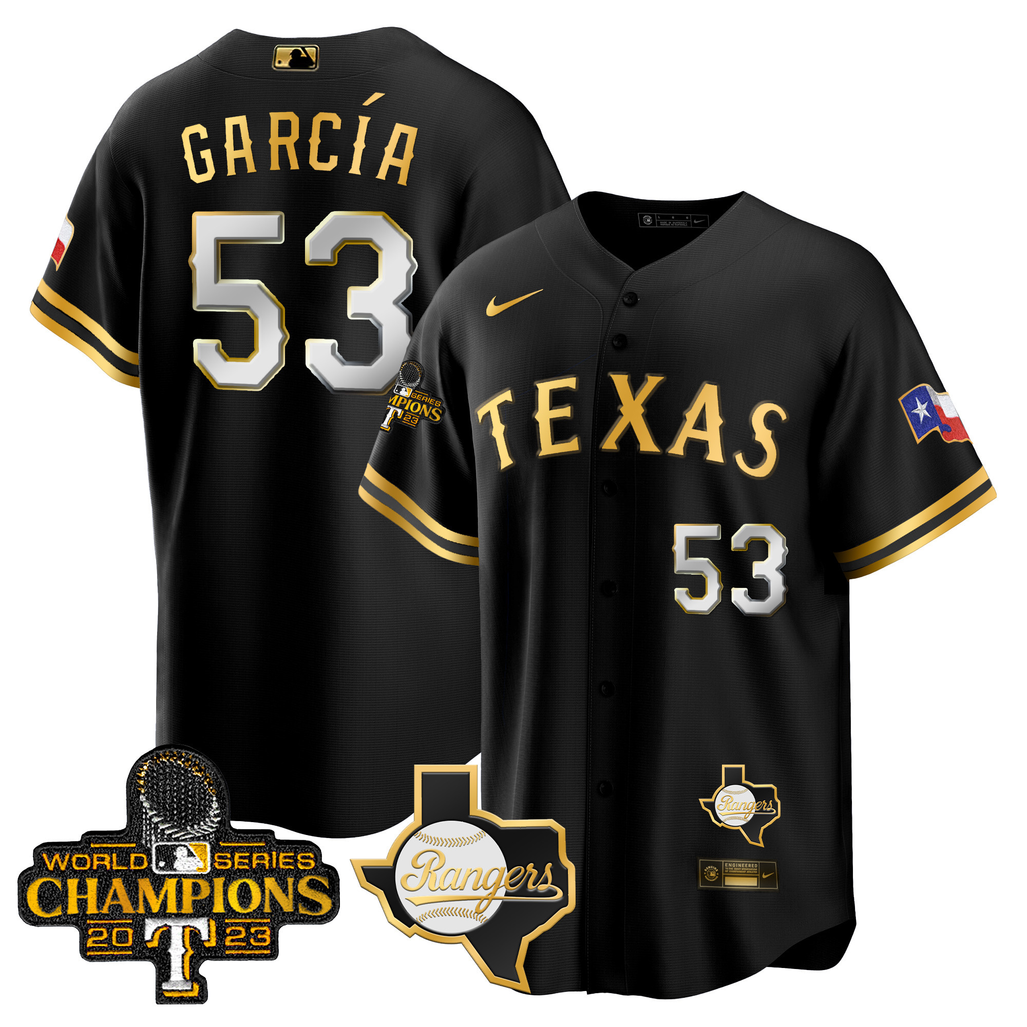 Adolis Garcia Men's Texas Rangers World Series Champions Cool Base V2 Black Gold Jersey