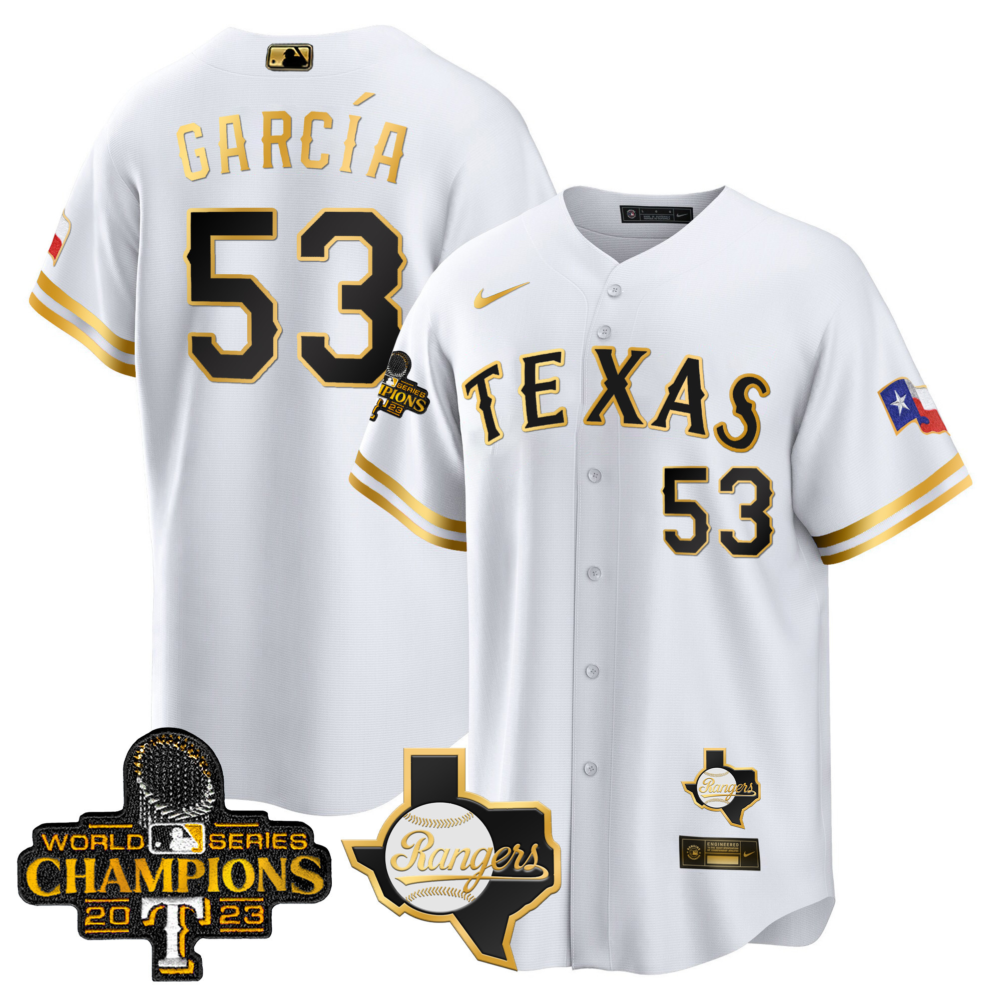Adolis Garcia Men's Texas Rangers World Series Champions Cool Base V2 White Gold Jersey