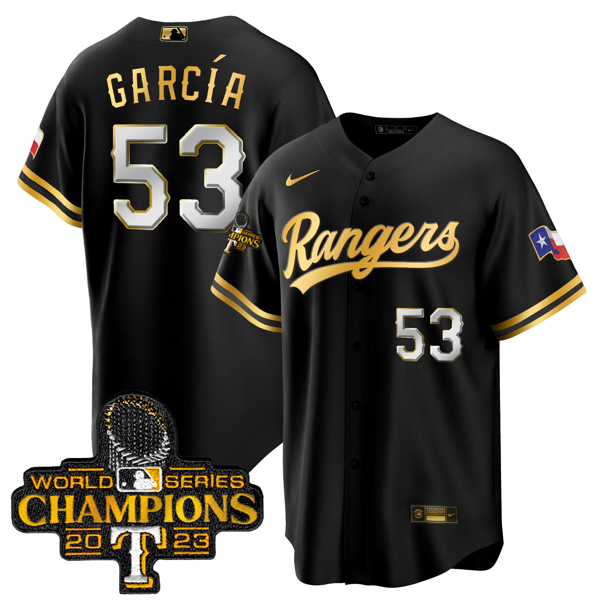 Adolis Garcia Men's Texas Rangers World Series Champions Cool Base V3 Black Gold Jersey