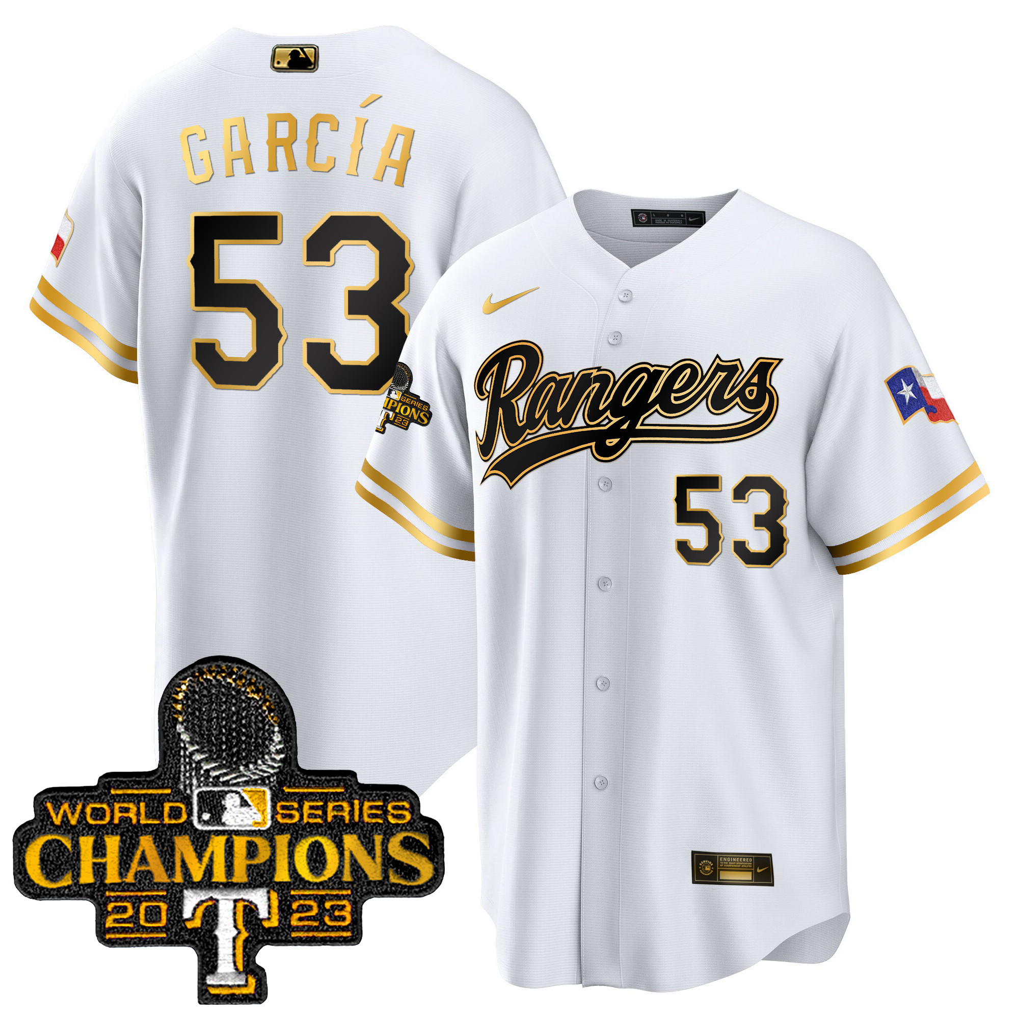 Adolis Garcia Men's Texas Rangers World Series Champions Cool Base V3 White Gold Jersey