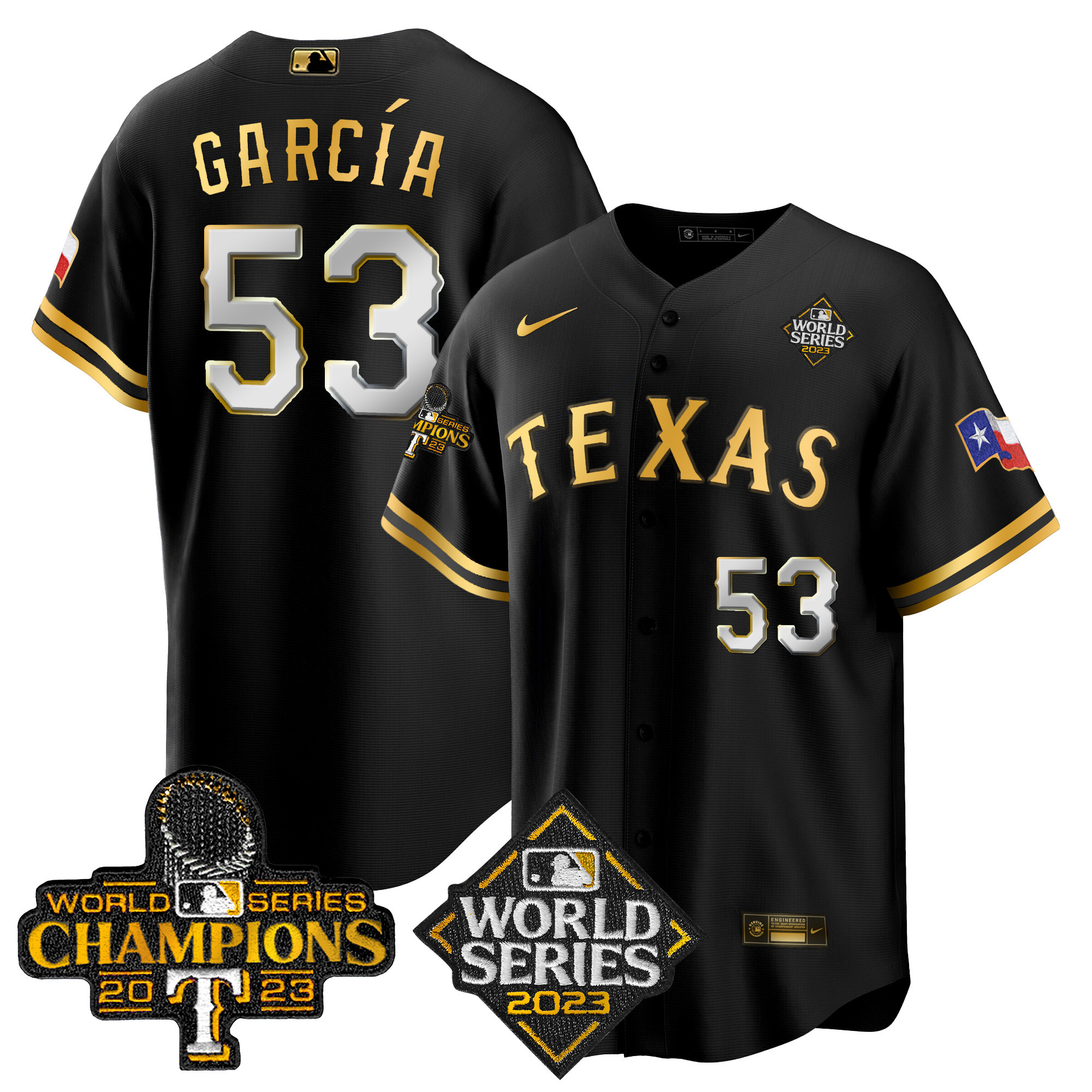 Adolis Garcia Men's Texas Rangers World Series Champions Cool Base V4 Black Gold Jersey