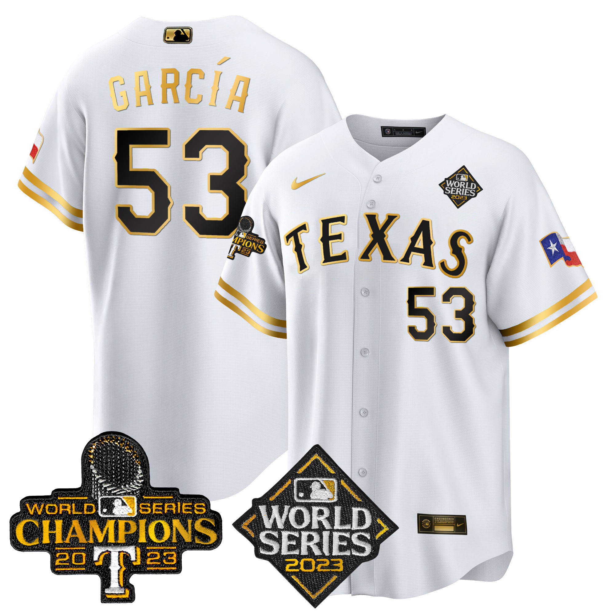 Adolis Garcia Men's Texas Rangers World Series Champions Cool Base V4 White Gold Jersey