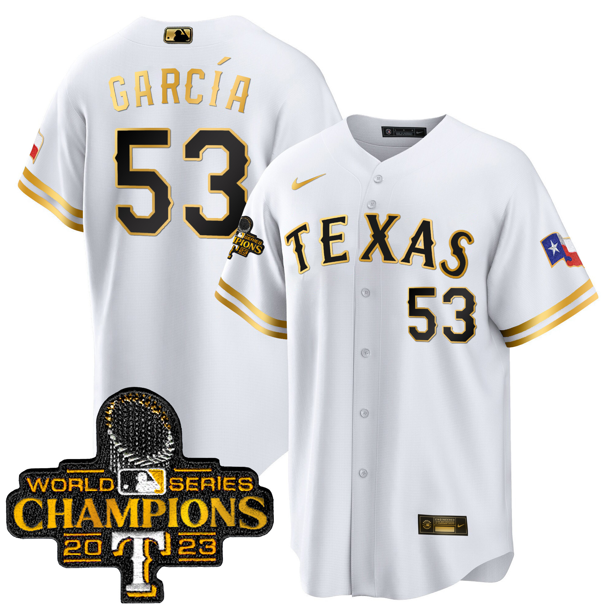 Adolis Garcia Men's Texas Rangers World Series Champions Cool Base White Gold Jersey