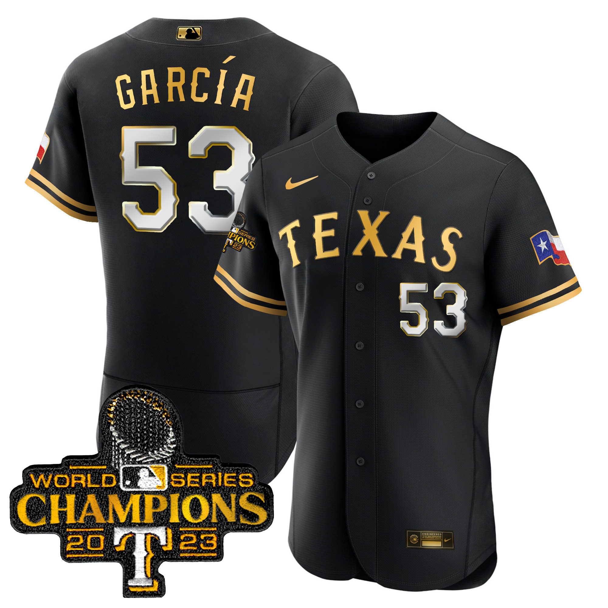 Adolis Garcia Men's Texas Rangers World Series Champions Flex Base Black Gold Jersey