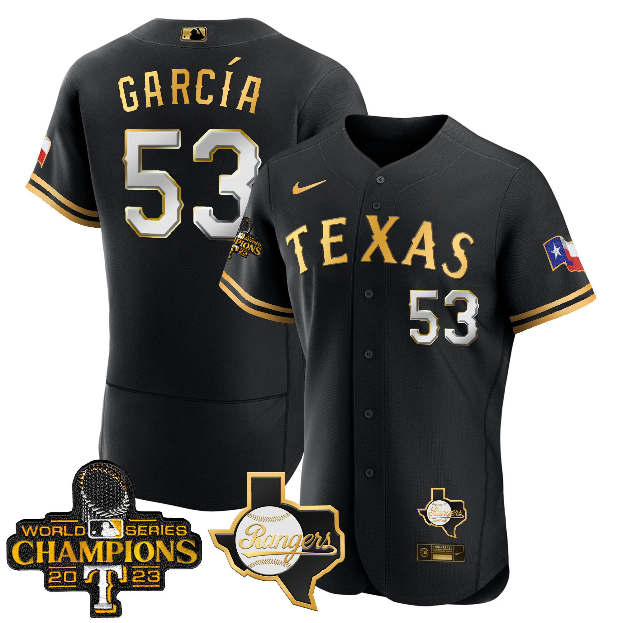 Adolis Garcia Men's Texas Rangers World Series Champions Flex Base V2 Black Gold Jersey