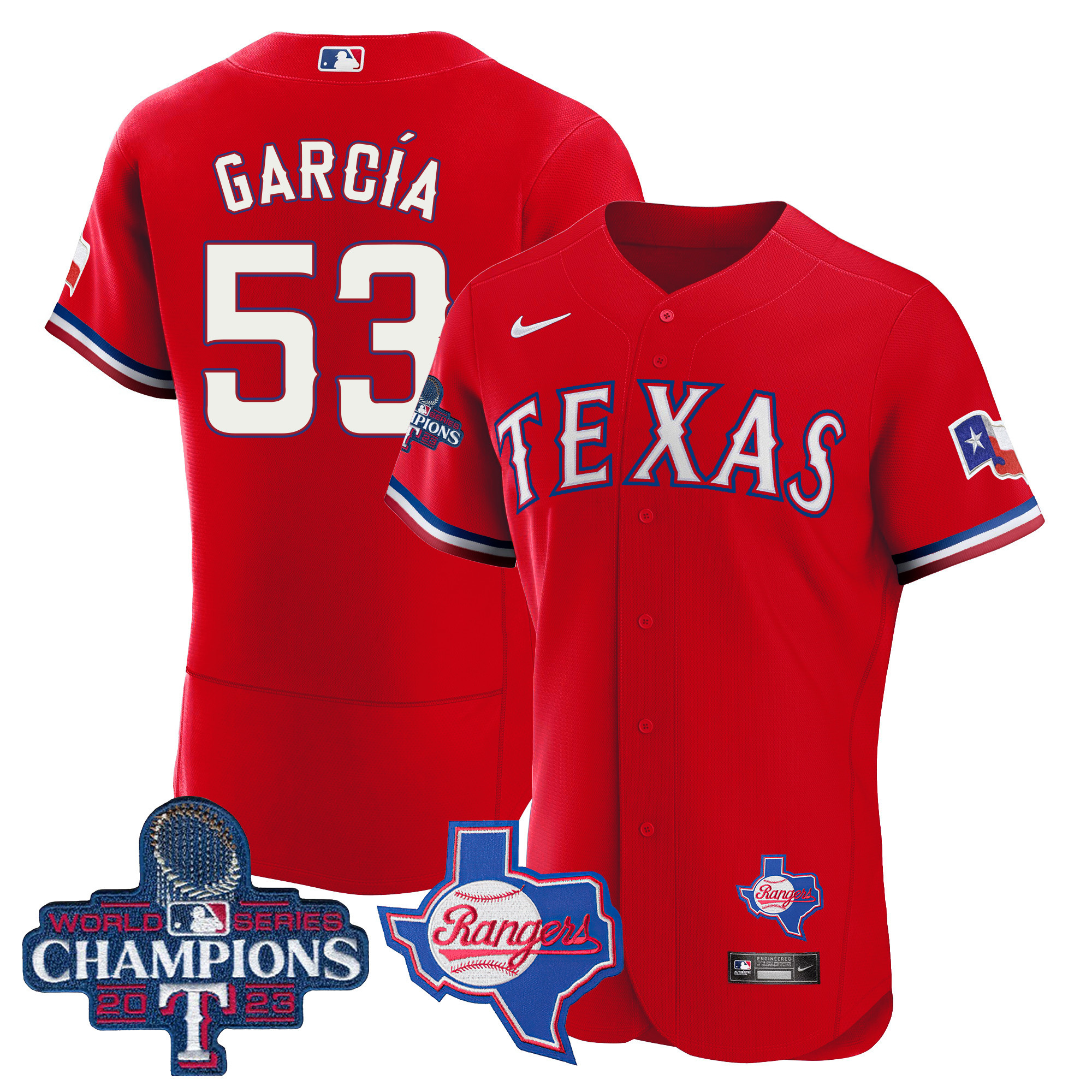 Adolis Garcia Men's Texas Rangers World Series Champions Flex Base V2 Red Jersey