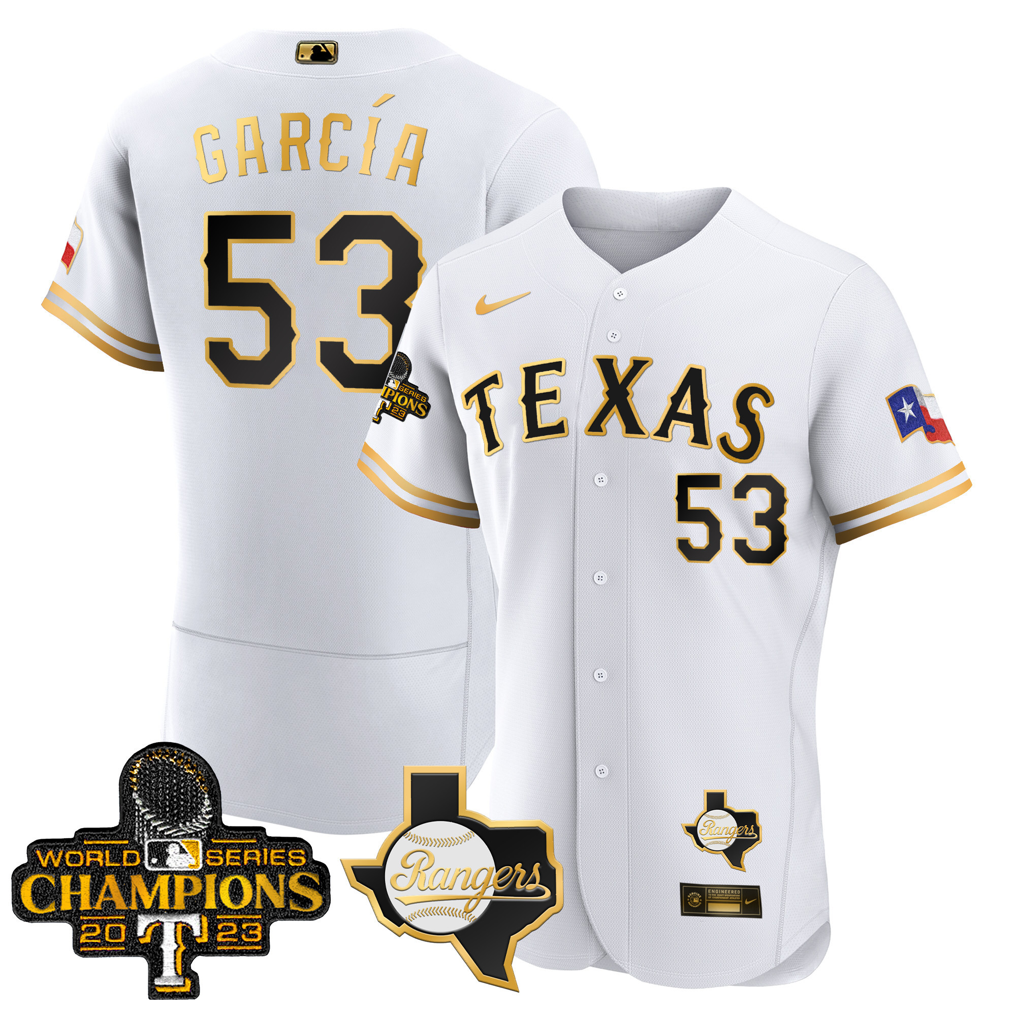 Adolis Garcia Men's Texas Rangers World Series Champions Flex Base V2 White Gold Jersey