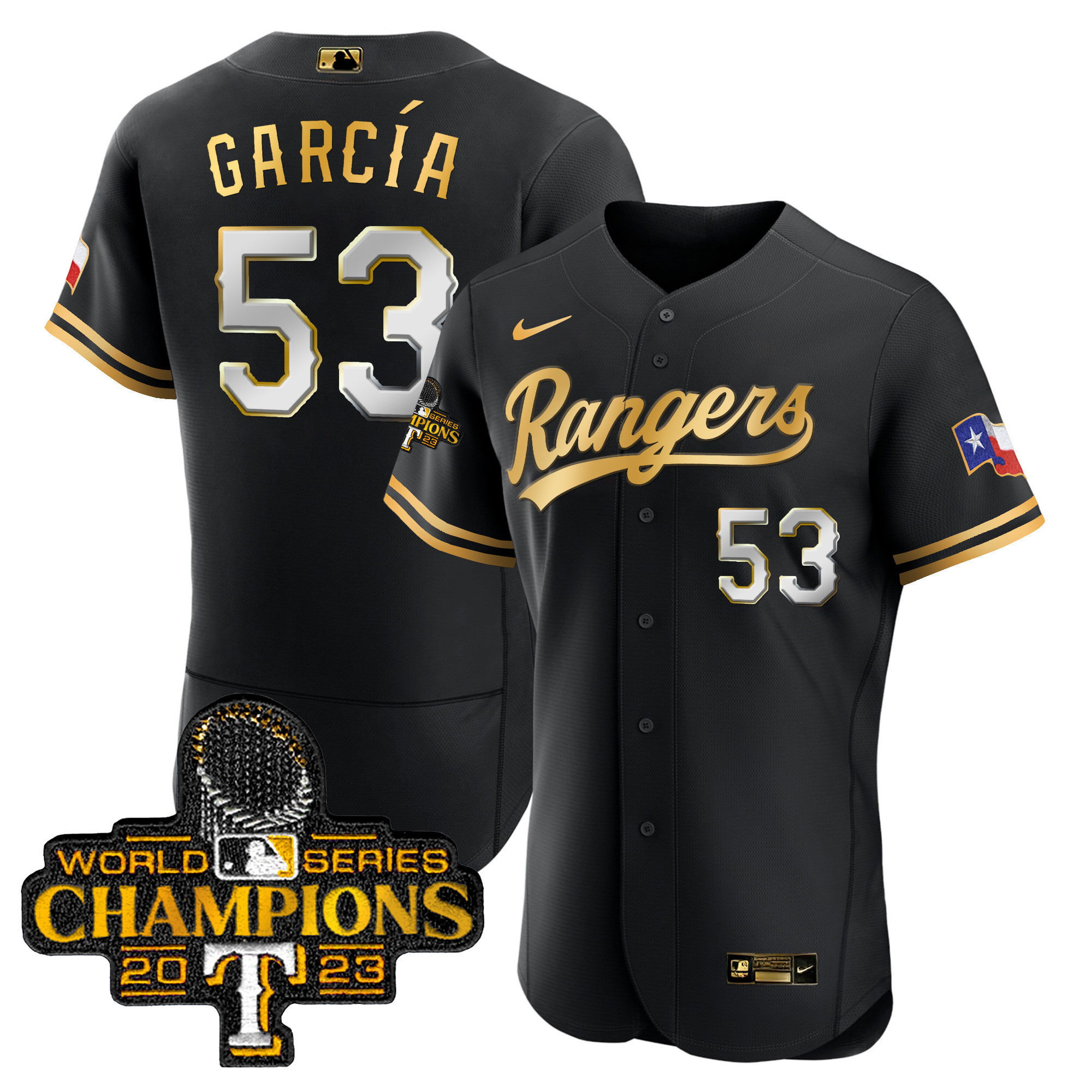 Adolis Garcia Men's Texas Rangers World Series Champions Flex Base V3 Black Gold Jersey