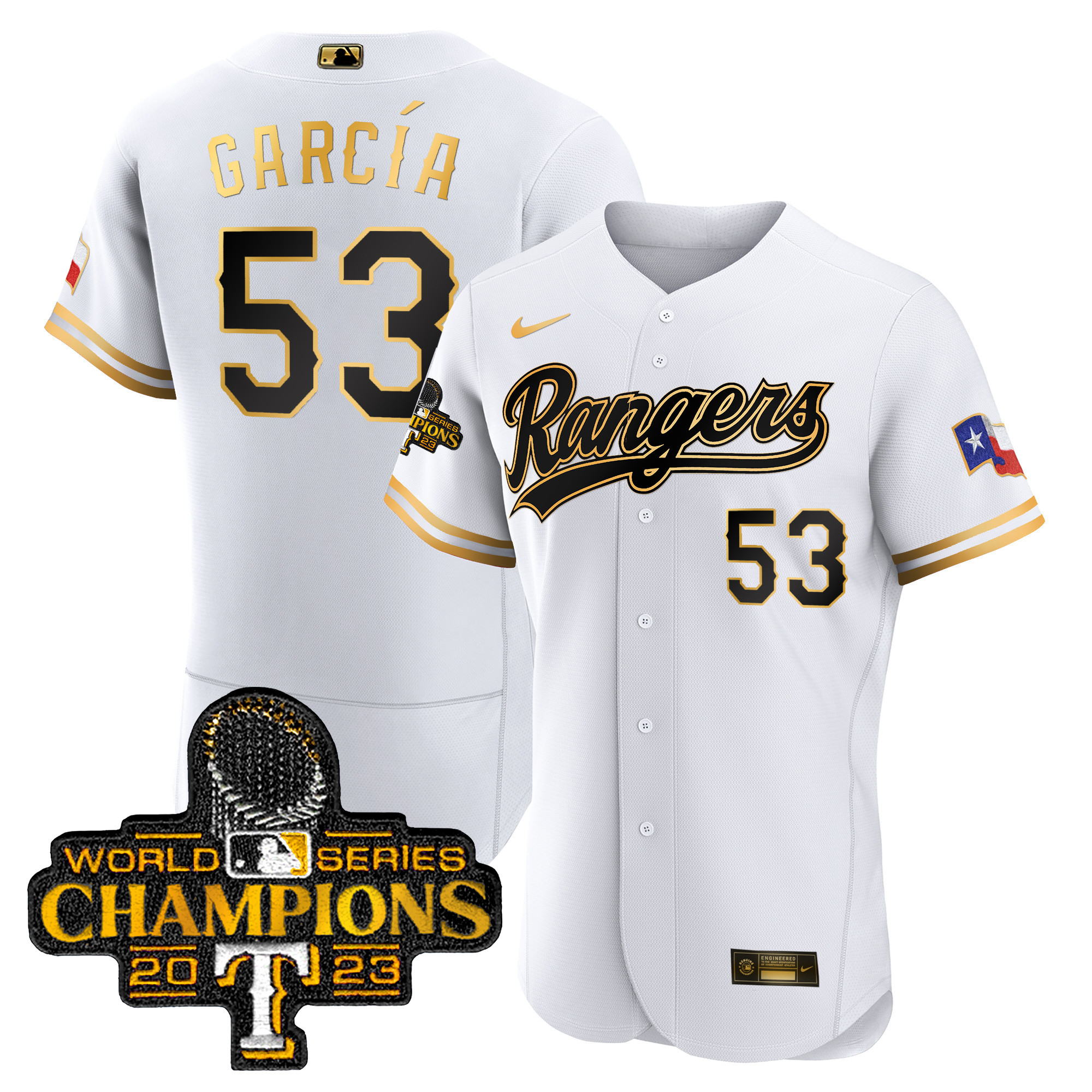 Adolis Garcia Men's Texas Rangers World Series Champions Flex Base V3 White Gold Jersey