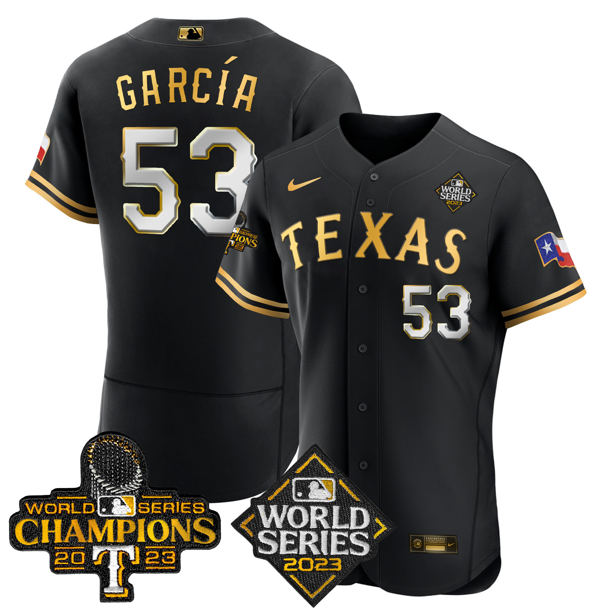 Adolis Garcia Men's Texas Rangers World Series Champions Flex Base V4 Black Limited Jersey