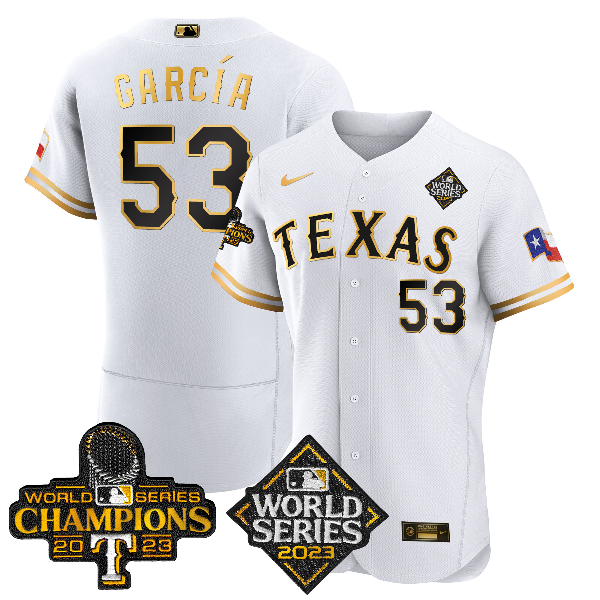 Adolis Garcia Men's Texas Rangers World Series Champions Flex Base V4 White Gold Jersey