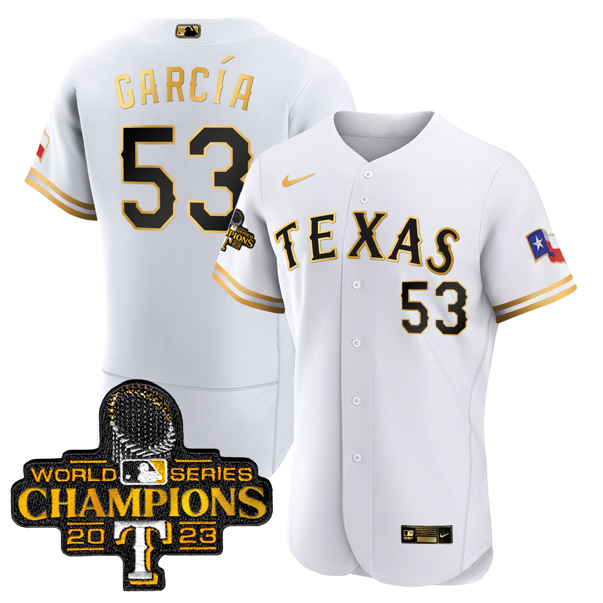 Adolis Garcia Men's Texas Rangers World Series Champions Flex Base White Gold Jersey
