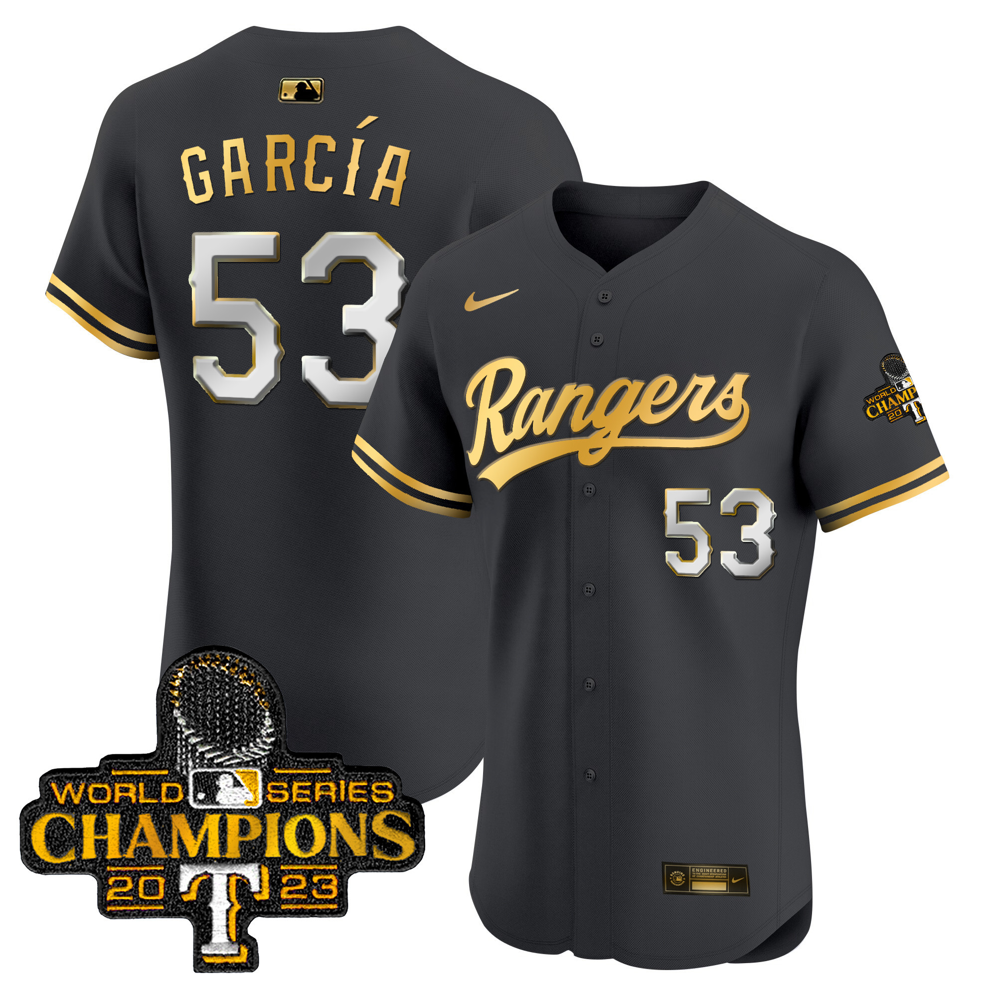 Adolis Garcia Men's Texas Rangers World Series Champions Gold Trim Vapor Premier Elite Black Gold Jersey