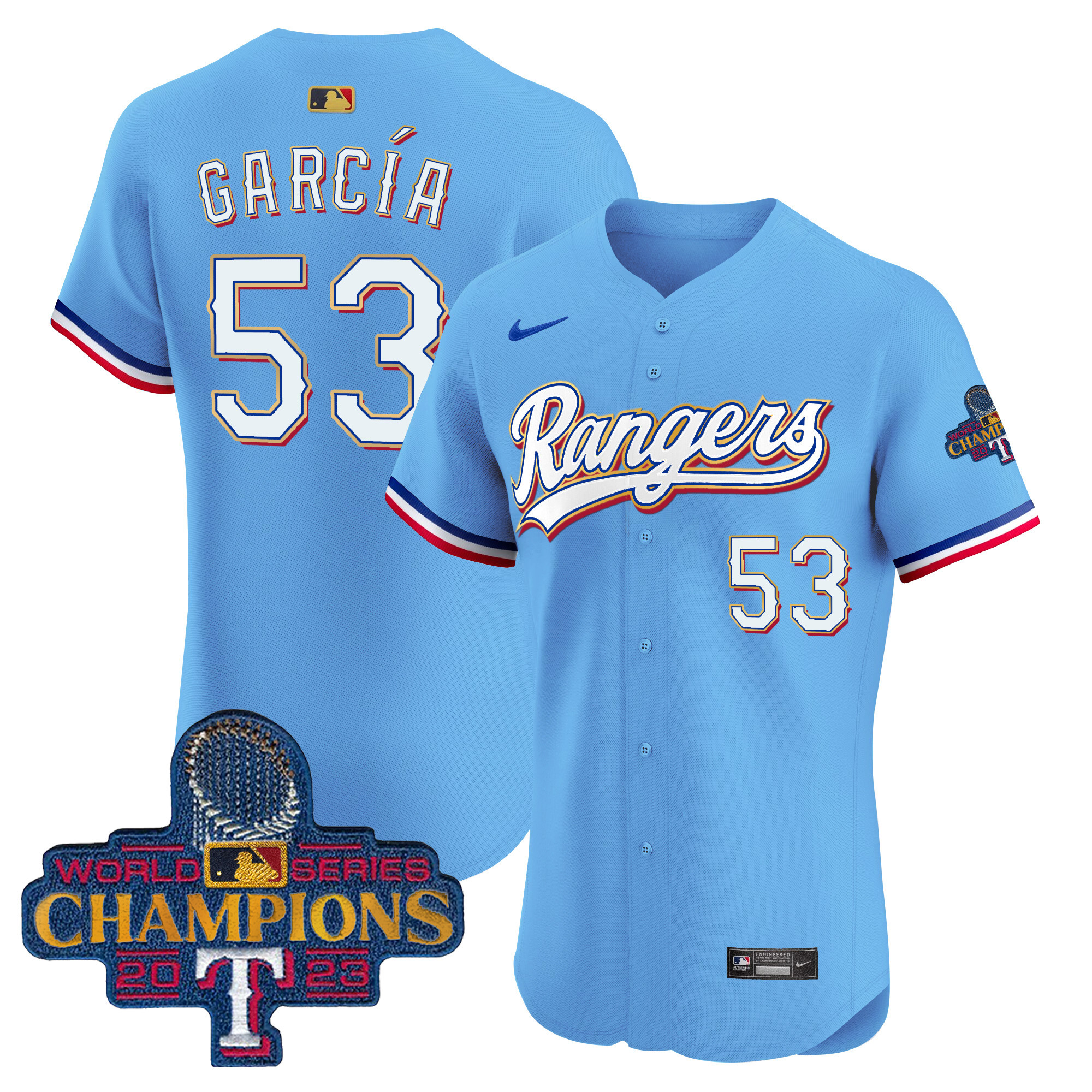 Adolis Garcia Men's Texas Rangers World Series Champions Gold Trim Vapor Premier Elite Blue Jersey