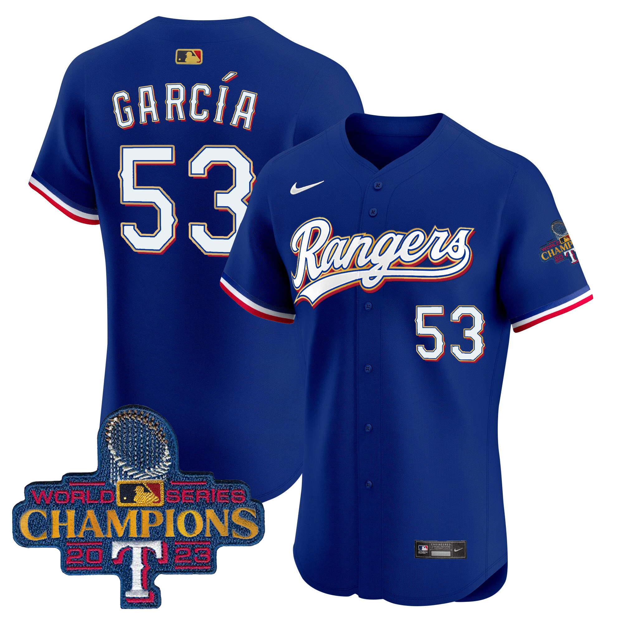 Adolis Garcia Men's Texas Rangers World Series Champions Gold Trim Vapor Premier Elite Royal Jersey