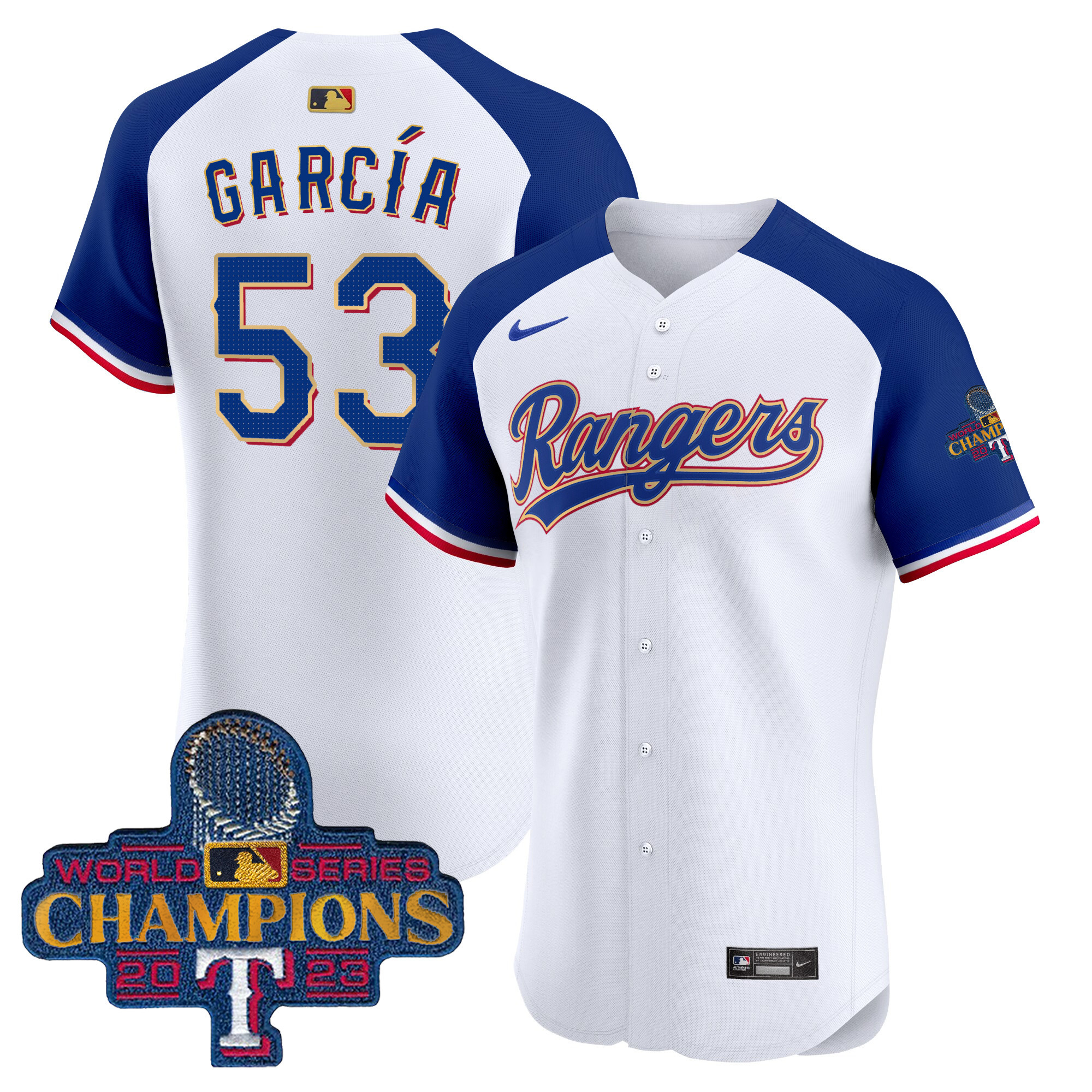 Adolis Garcia Men's Texas Rangers World Series Champions Gold Trim Vapor Premier Elite White Alternate Jersey