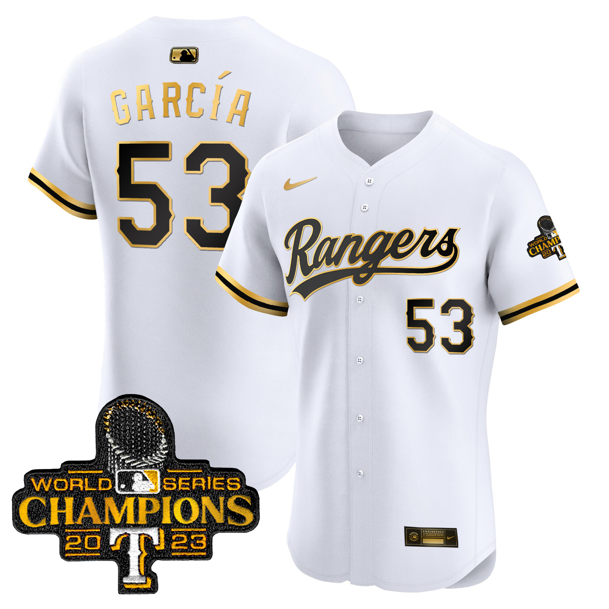 Adolis Garcia Men's Texas Rangers World Series Champions Gold Trim Vapor Premier Elite White Gold Jersey