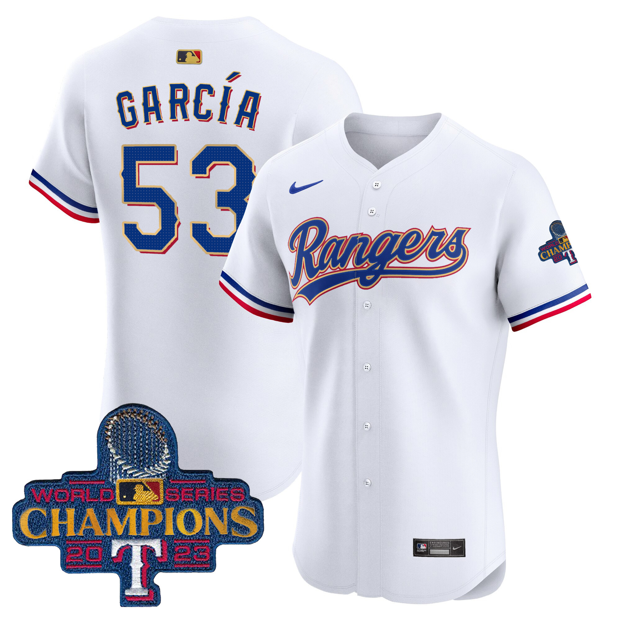 Adolis Garcia Men's Texas Rangers World Series Champions Gold Trim Vapor Premier Elite White Jersey