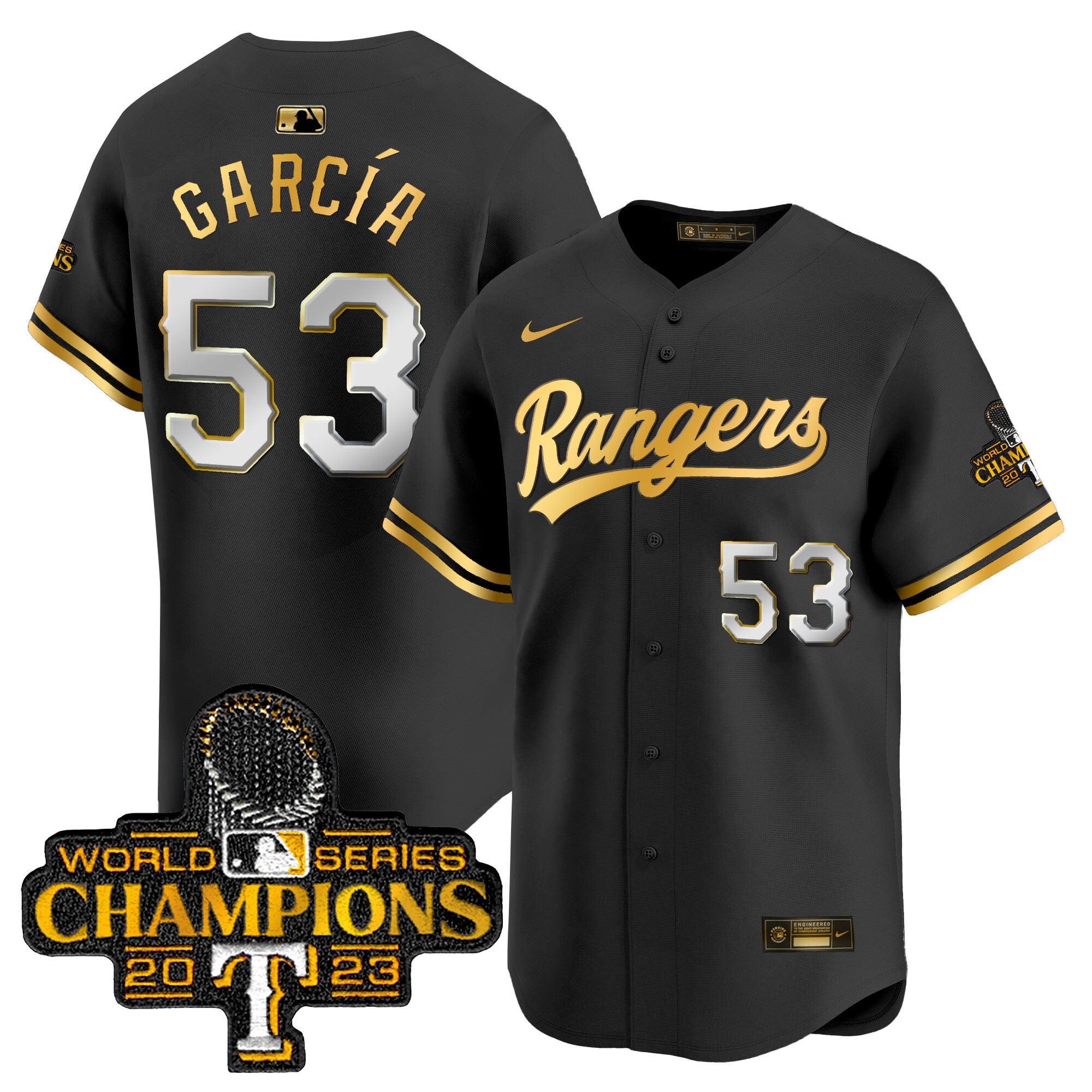 Adolis Garcia Men's Texas Rangers World Series Champions Gold Trim Vapor Premier Limited Black Gold Jersey