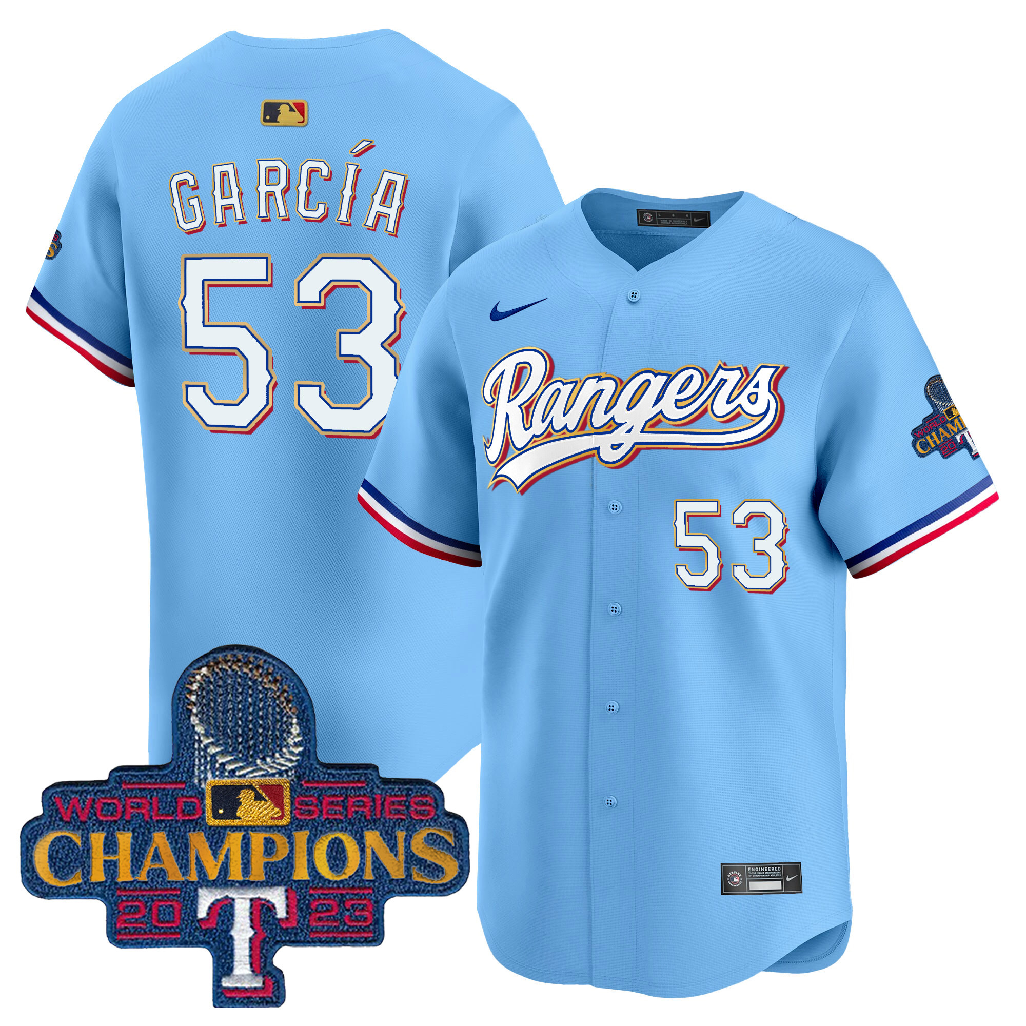 Adolis Garcia Men's Texas Rangers World Series Champions Gold Trim Vapor Premier Limited Blue Jersey