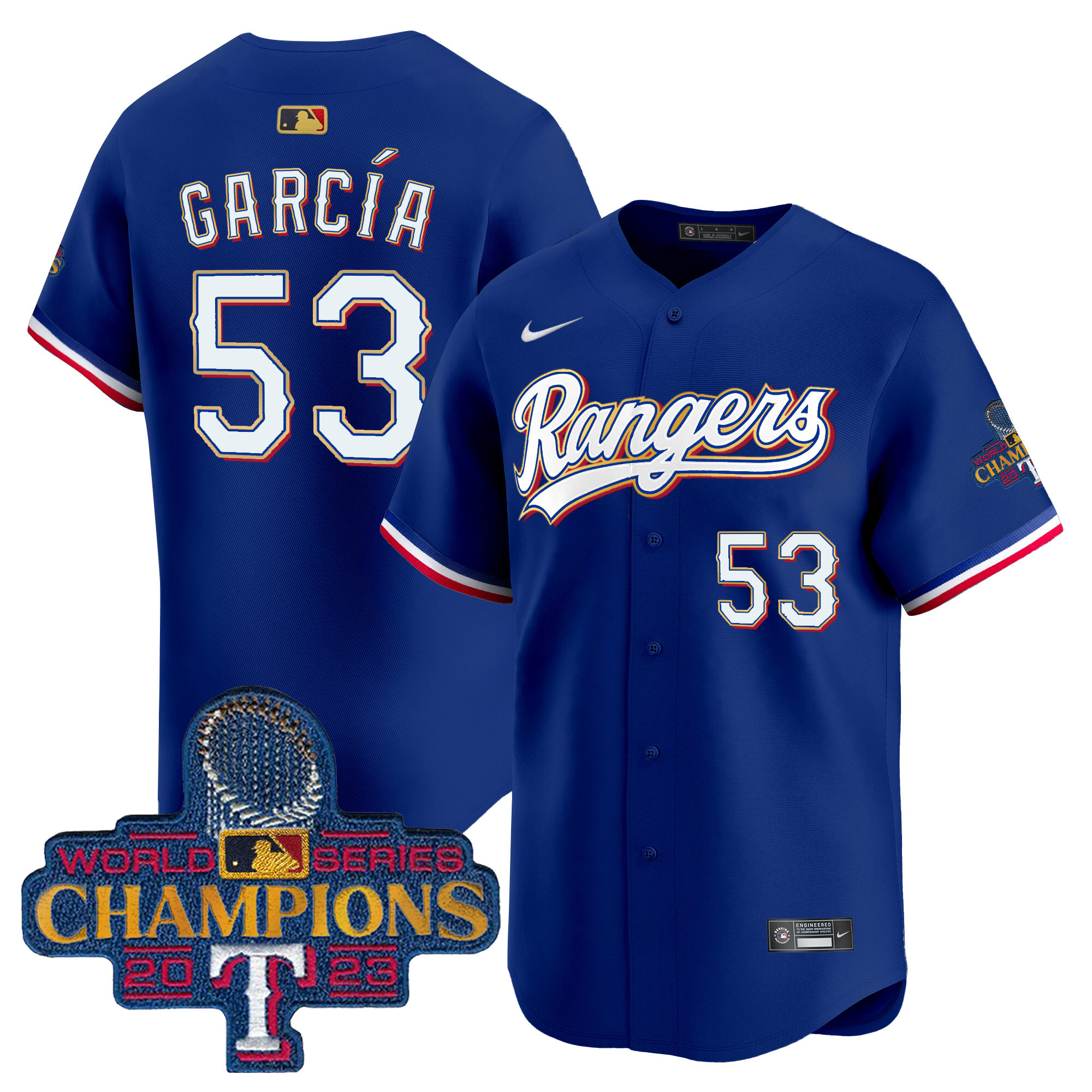 Adolis Garcia Men's Texas Rangers World Series Champions Gold Trim Vapor Premier Limited Royal Jersey