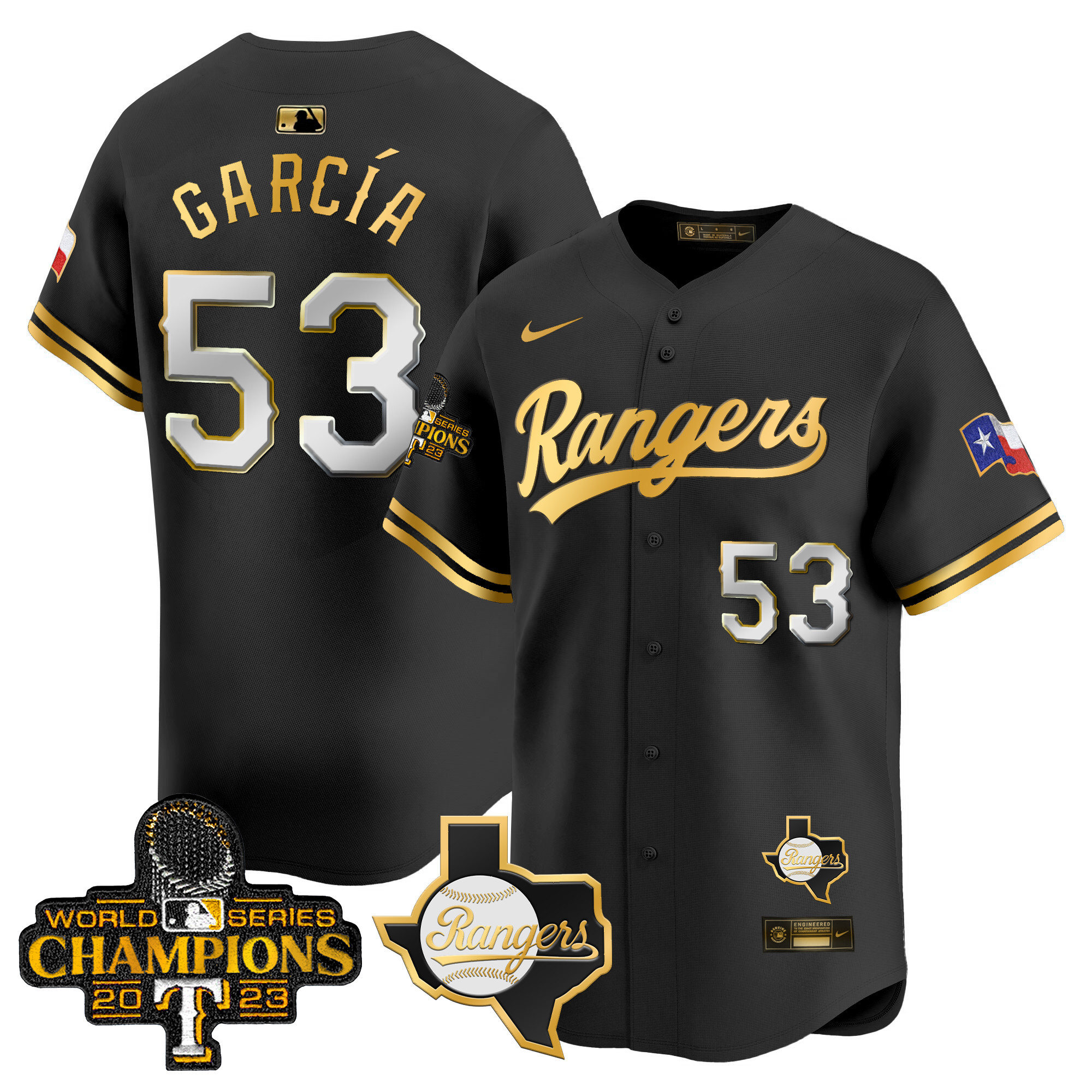 Adolis Garcia Men's Texas Rangers World Series Champions Gold Trim Vapor Premier Limited V2 Black Gold Jersey