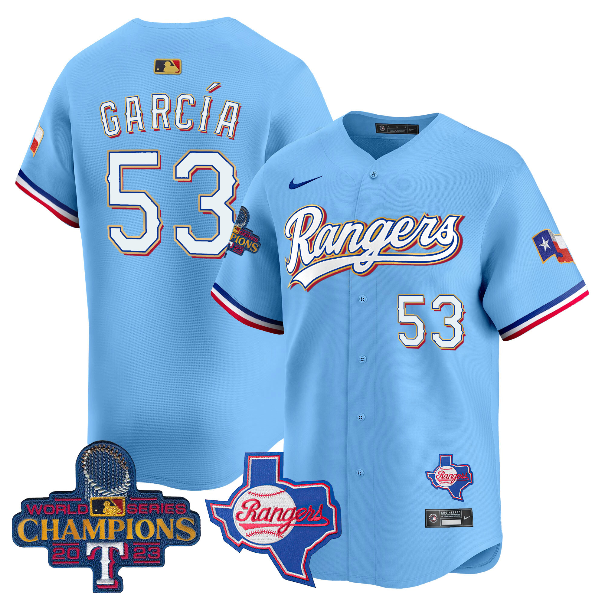 Adolis Garcia Men's Texas Rangers World Series Champions Gold Trim Vapor Premier Limited V2 Blue Jersey