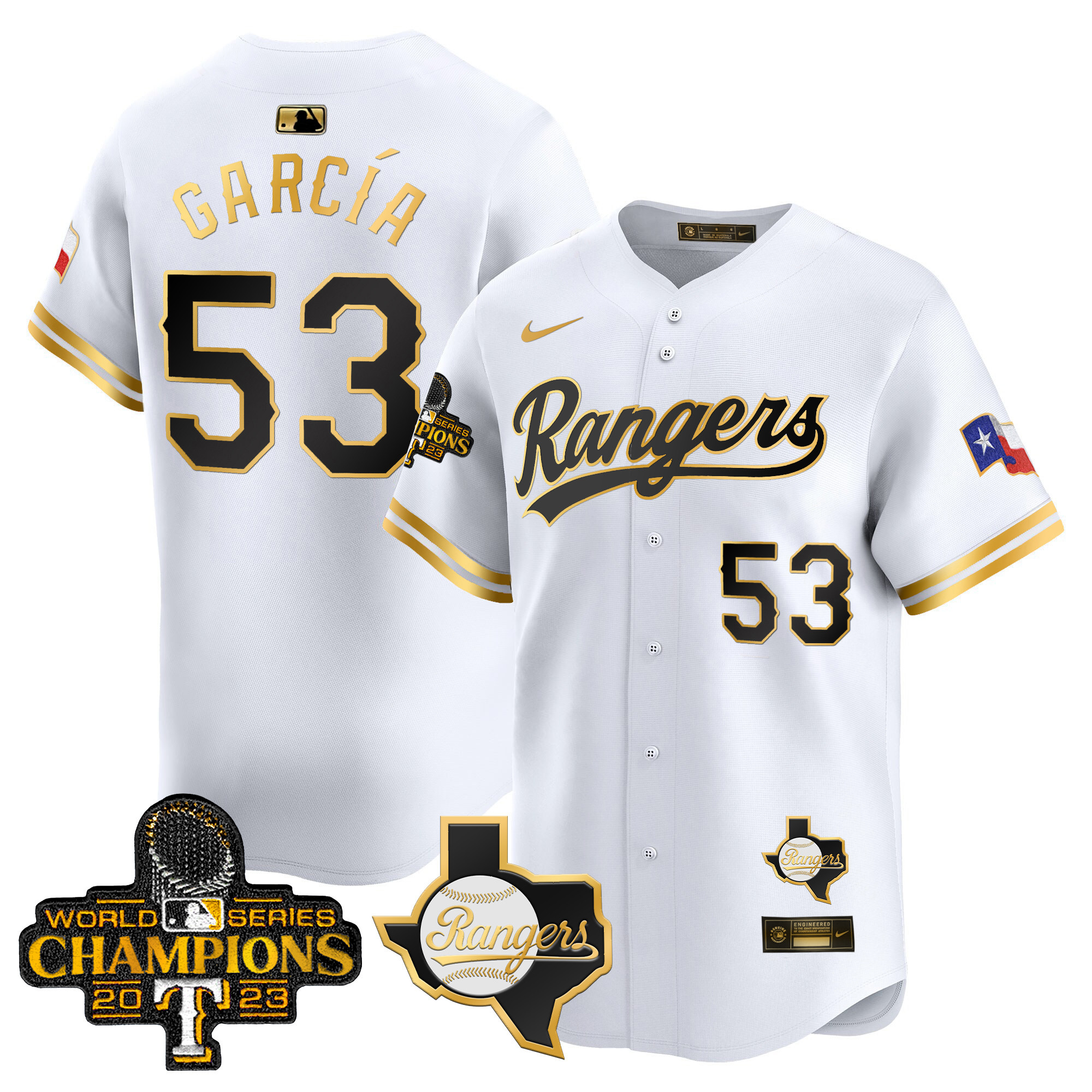 Adolis Garcia Men's Texas Rangers World Series Champions Gold Trim Vapor Premier Limited V2 White Gold Jersey