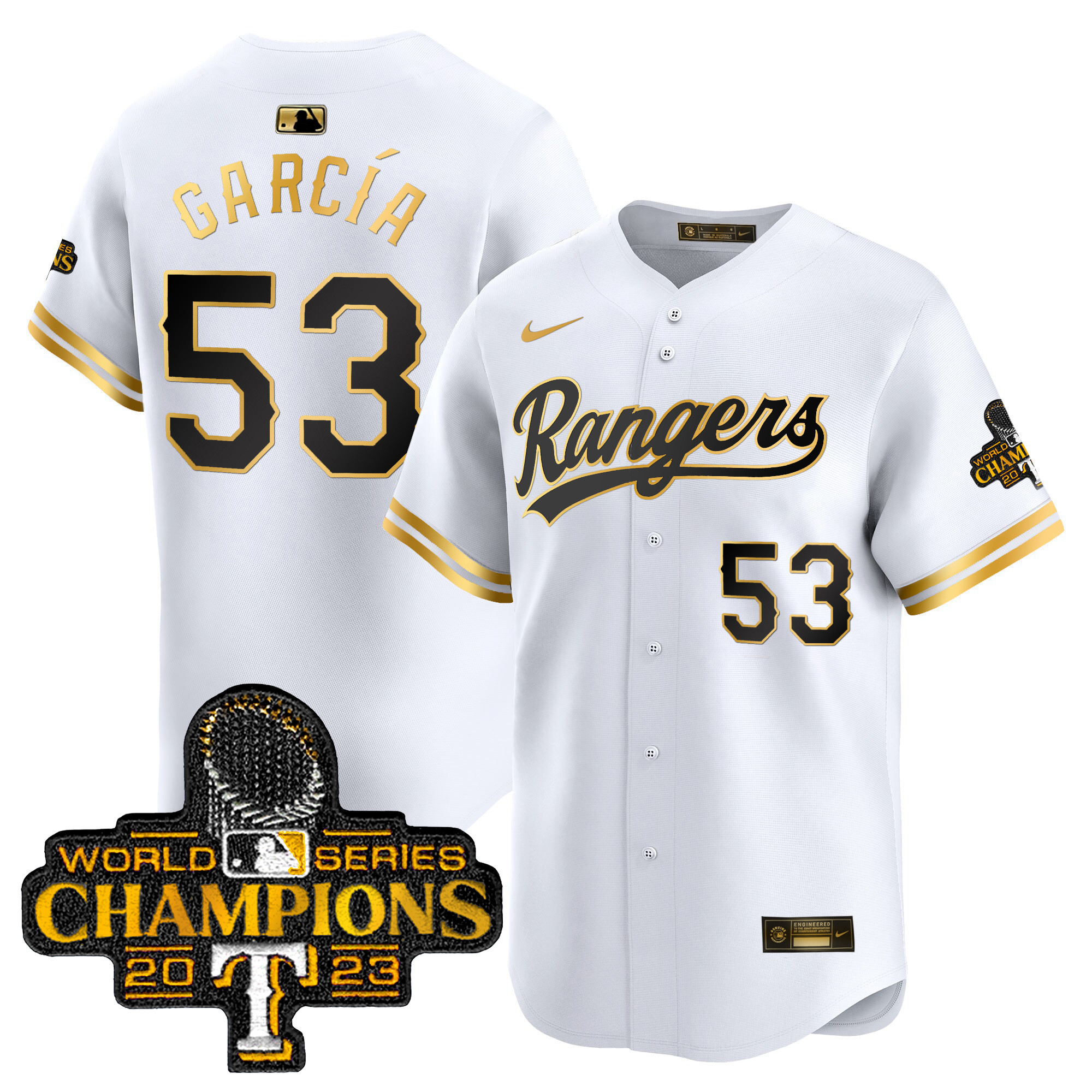 Adolis Garcia Men's Texas Rangers World Series Champions Gold Trim Vapor Premier Limited White Gold Jersey