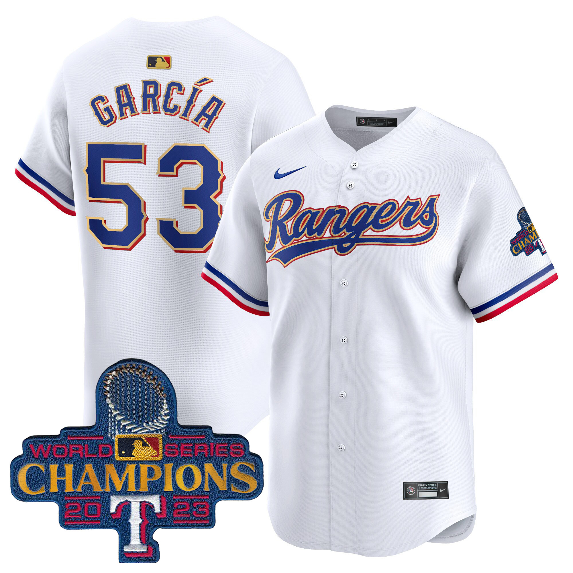 Adolis Garcia Men's Texas Rangers World Series Champions Gold Trim Vapor Premier Limited White Jersey