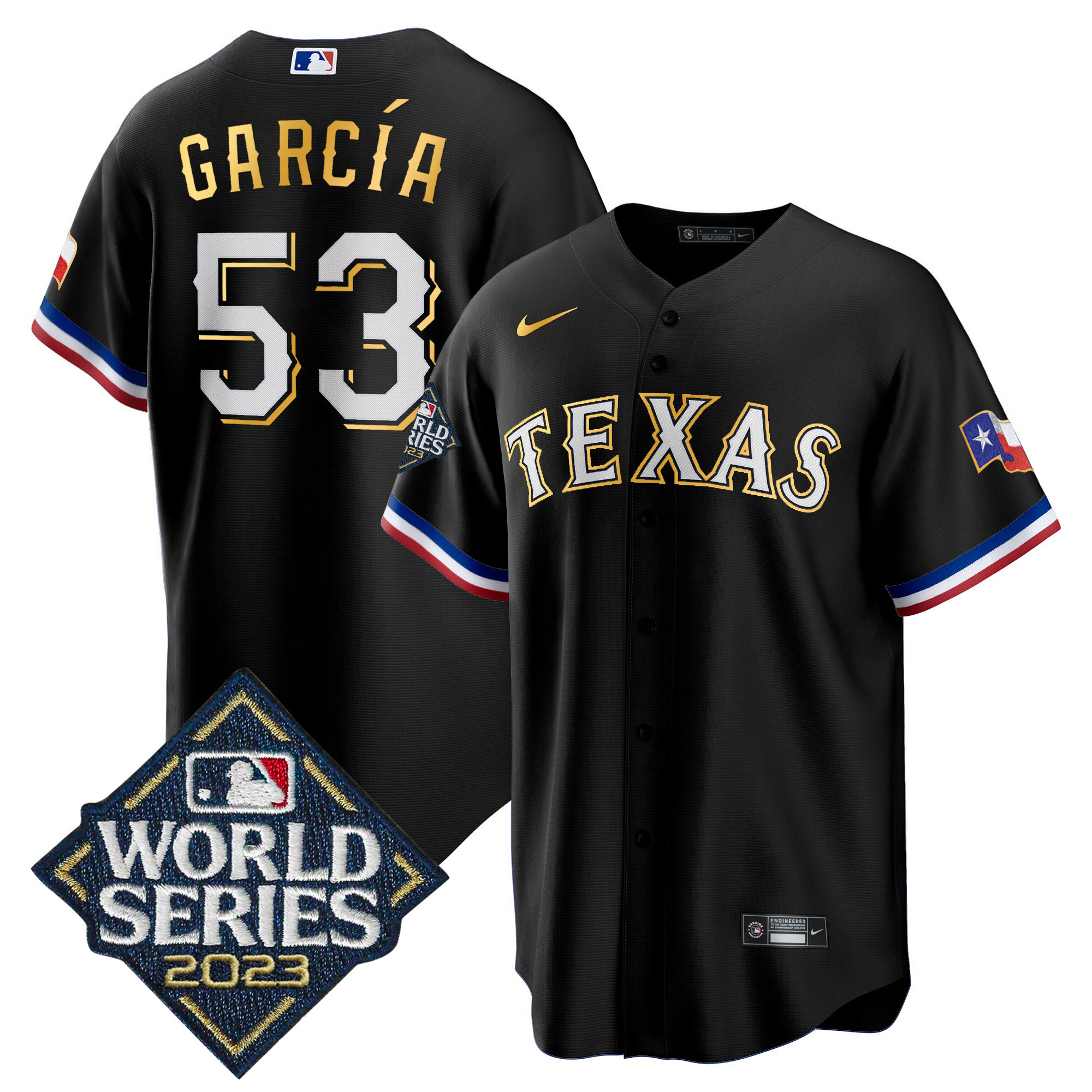 Adolis Garcia Men's Texas Rangers World Series Cool Base Gold Trim Black Jersey