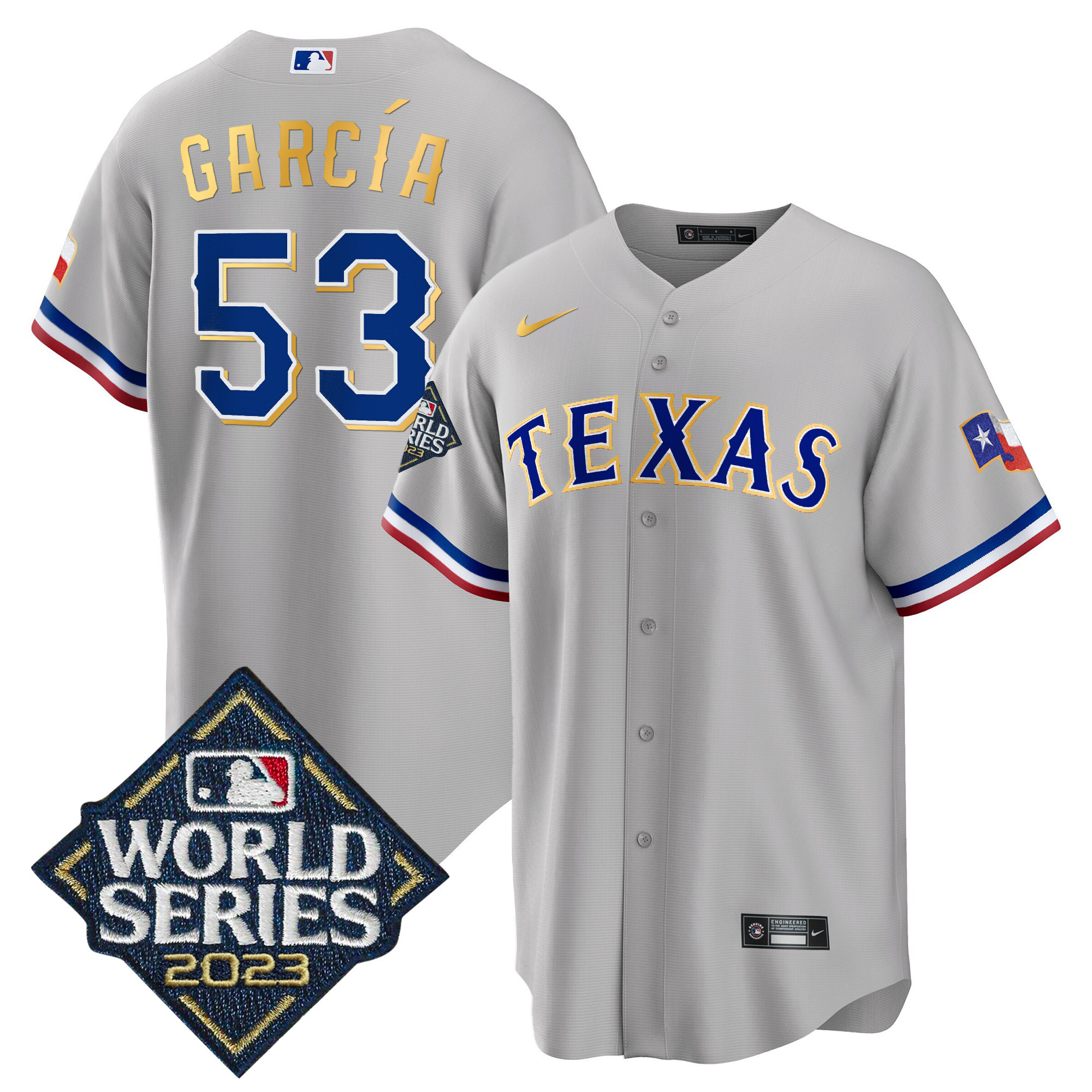 Adolis Garcia Men's Texas Rangers World Series Cool Base Gold Trim Gray Jersey