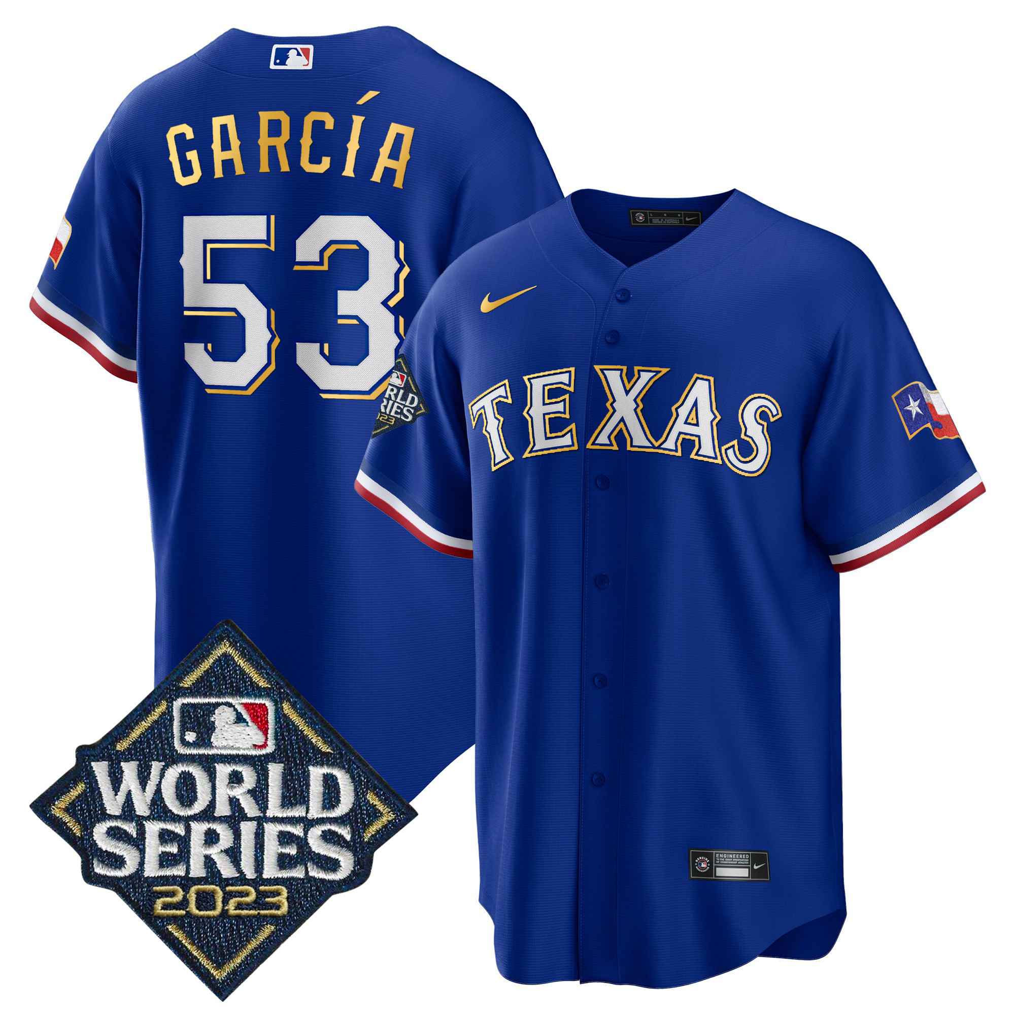 Adolis Garcia Men's Texas Rangers World Series Cool Base Gold Trim Royal Jersey
