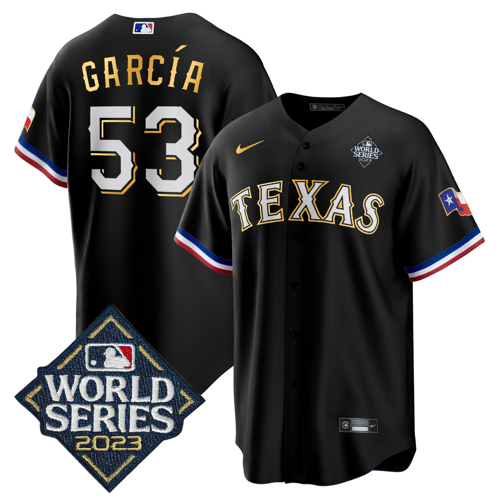 Adolis Garcia Men's Texas Rangers World Series Cool Base Gold Trim V2 Black Jersey