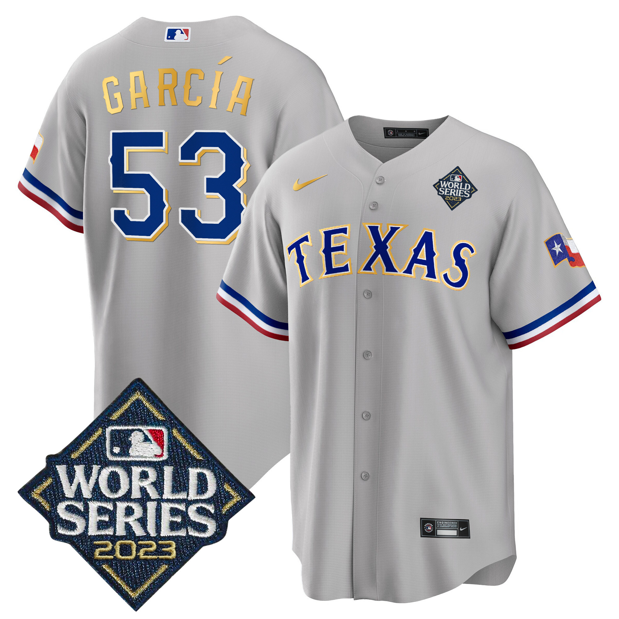 Adolis Garcia Men's Texas Rangers World Series Cool Base Gold Trim V2 Gray Jersey