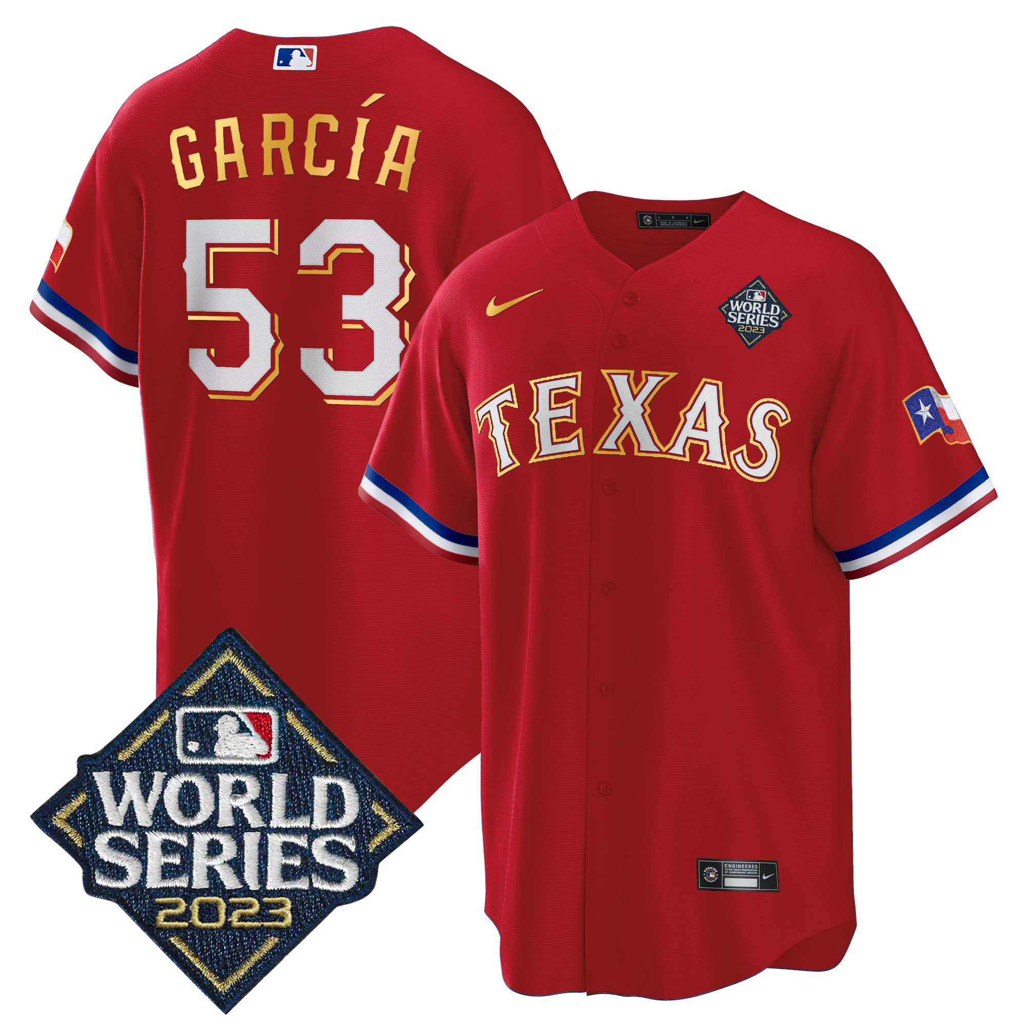 Adolis Garcia Men's Texas Rangers World Series Cool Base Gold Trim V2 Red Jersey
