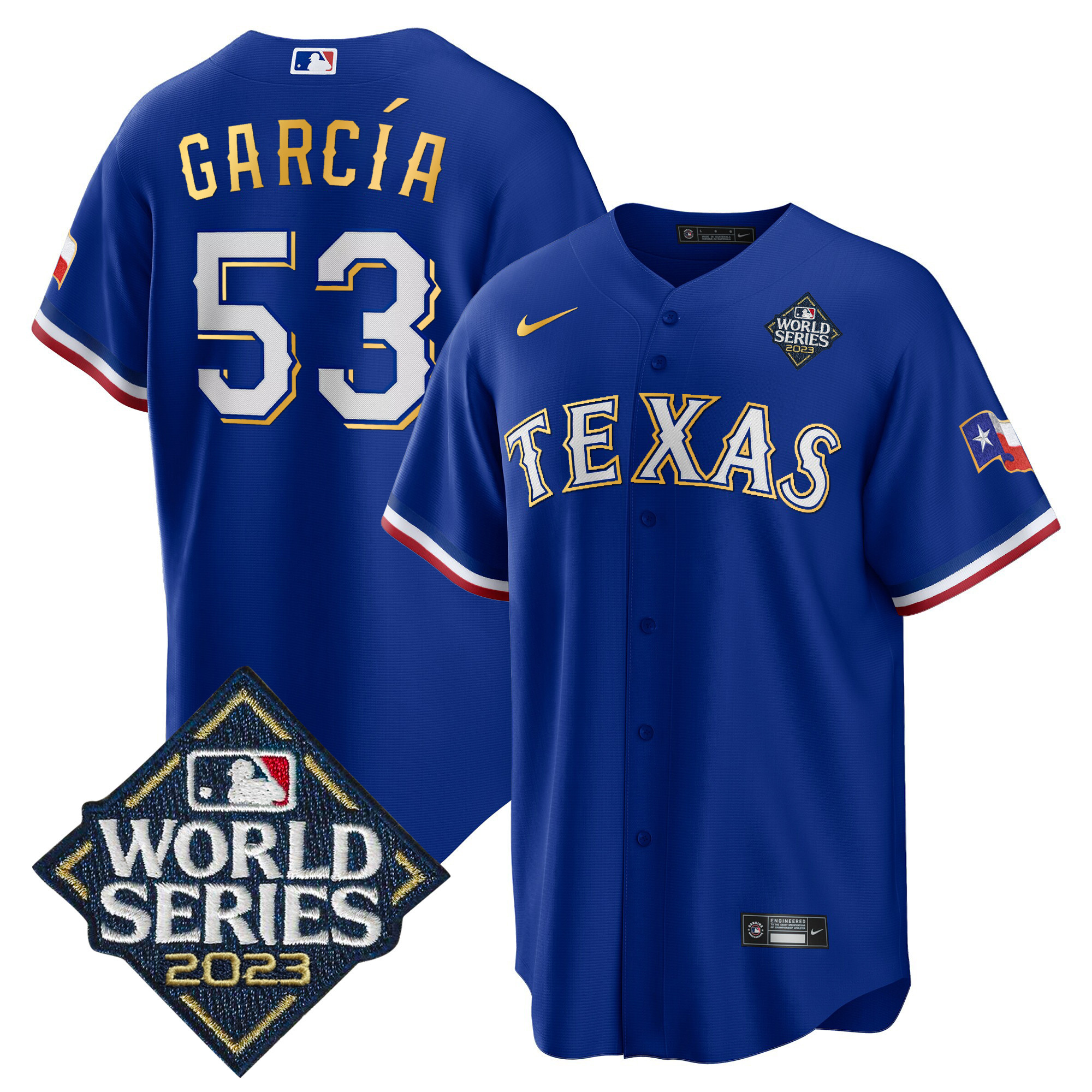 Adolis Garcia Men's Texas Rangers World Series Cool Base Gold Trim V2 Royal Jersey
