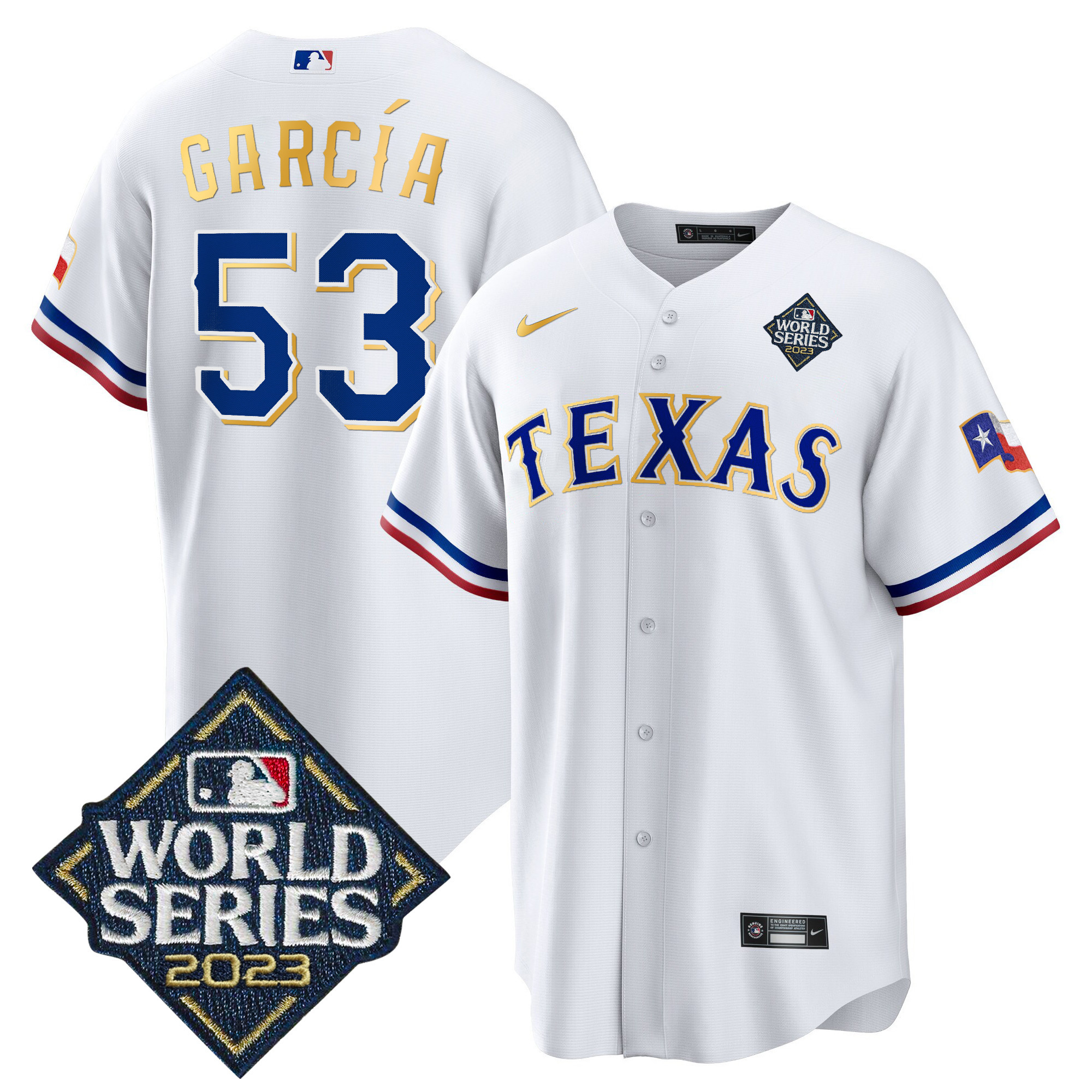 Adolis Garcia Men's Texas Rangers World Series Cool Base Gold Trim V2 White Jersey