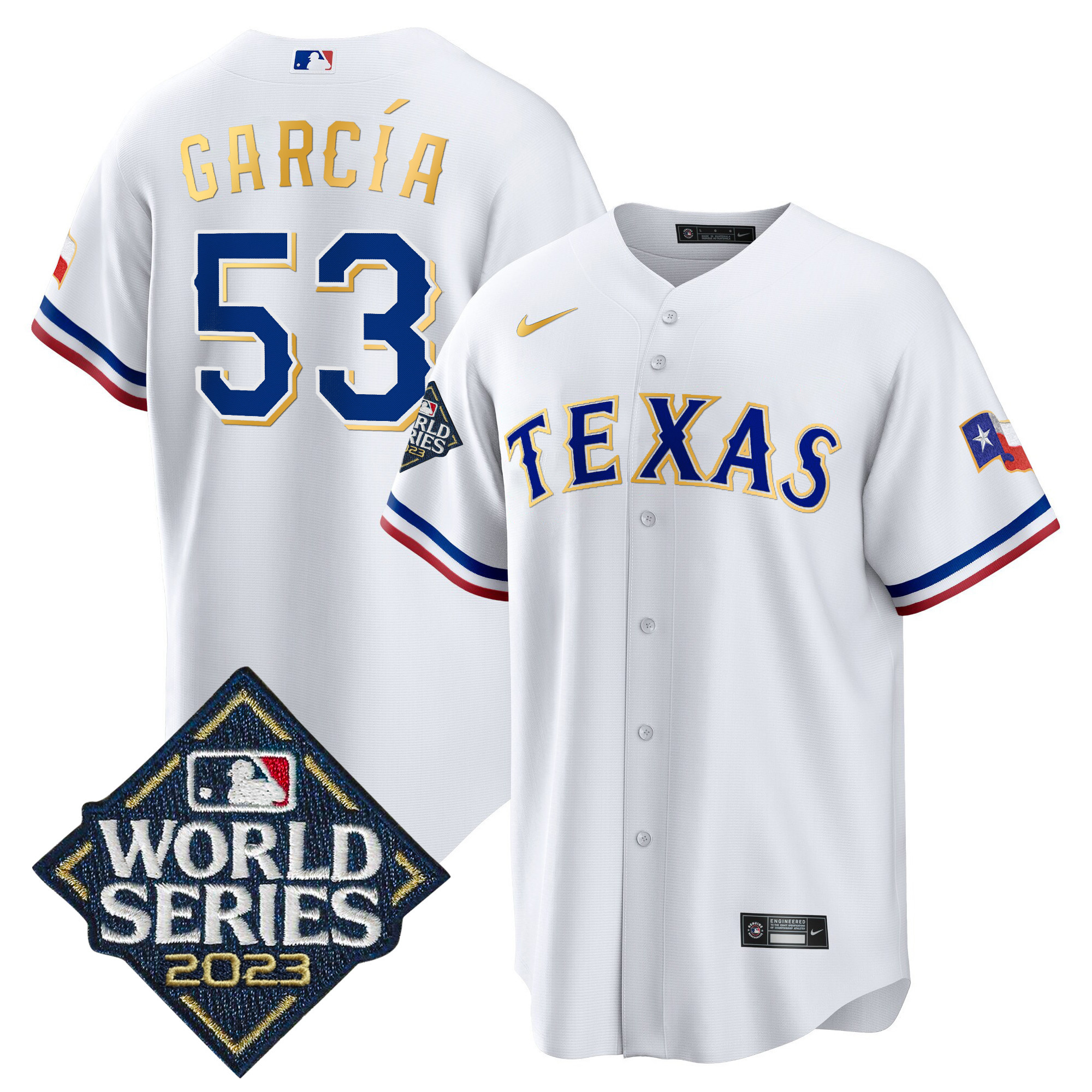 Adolis Garcia Men's Texas Rangers World Series Cool Base Gold Trim White Jersey