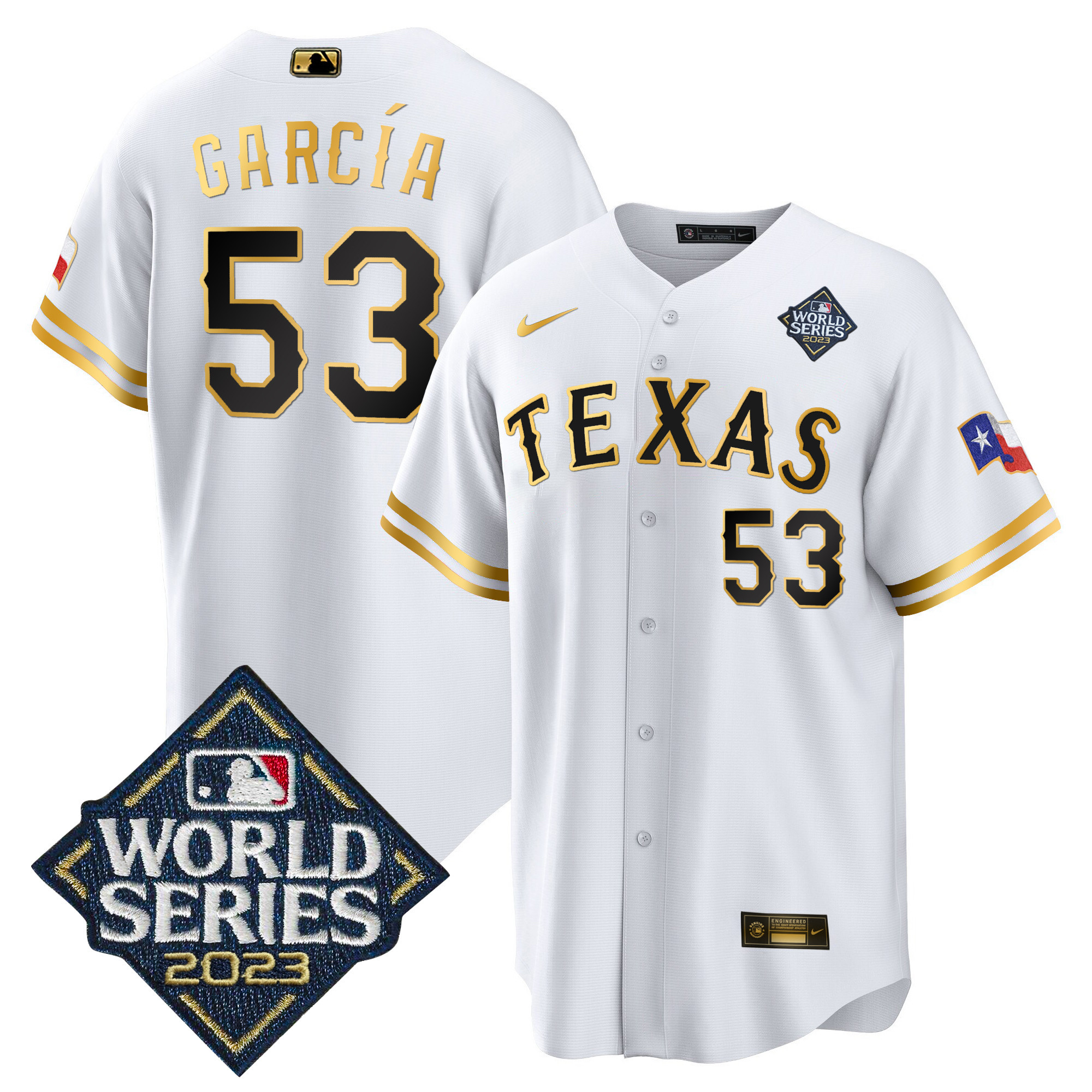 Adolis Garcia Men's Texas Rangers World Series Cool Base V2 White Gold Jersey