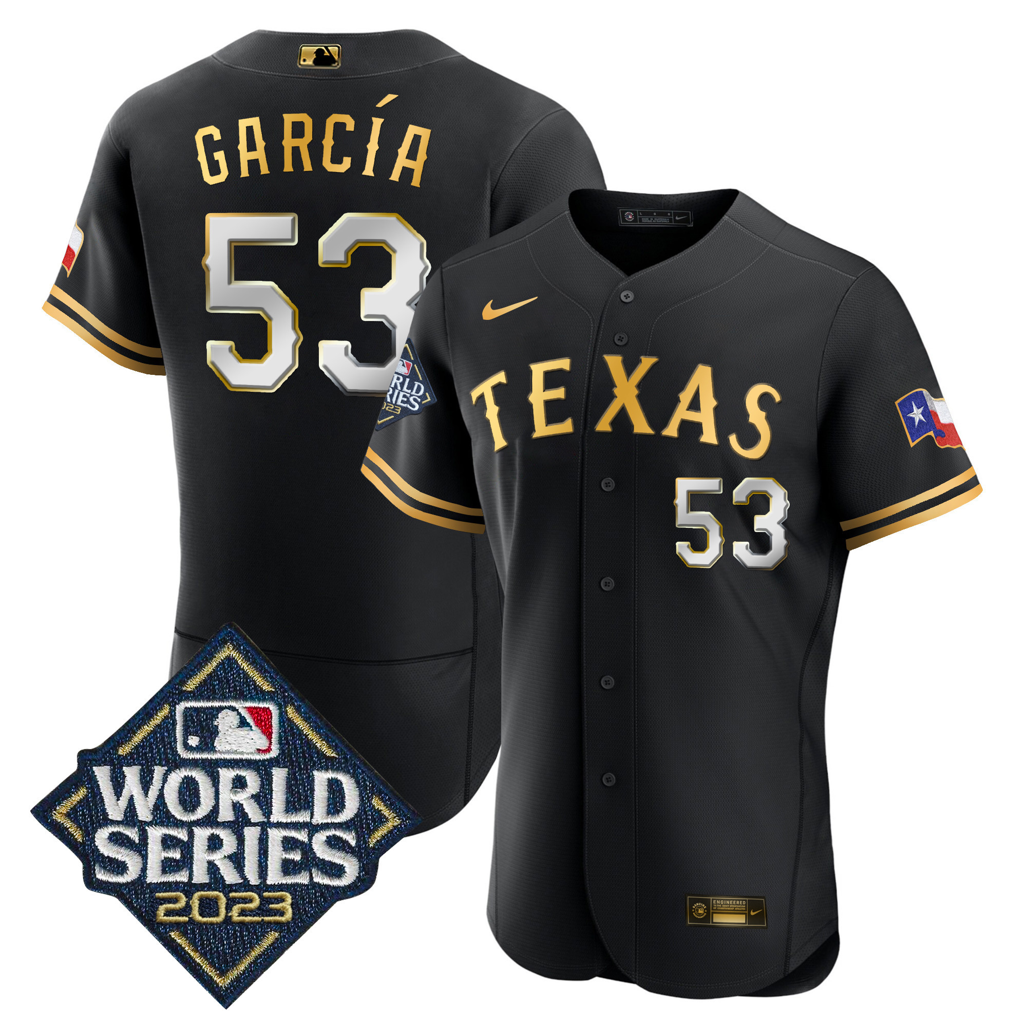 Adolis Garcia Men's Texas Rangers World Series Flex Base Black Gold Jersey