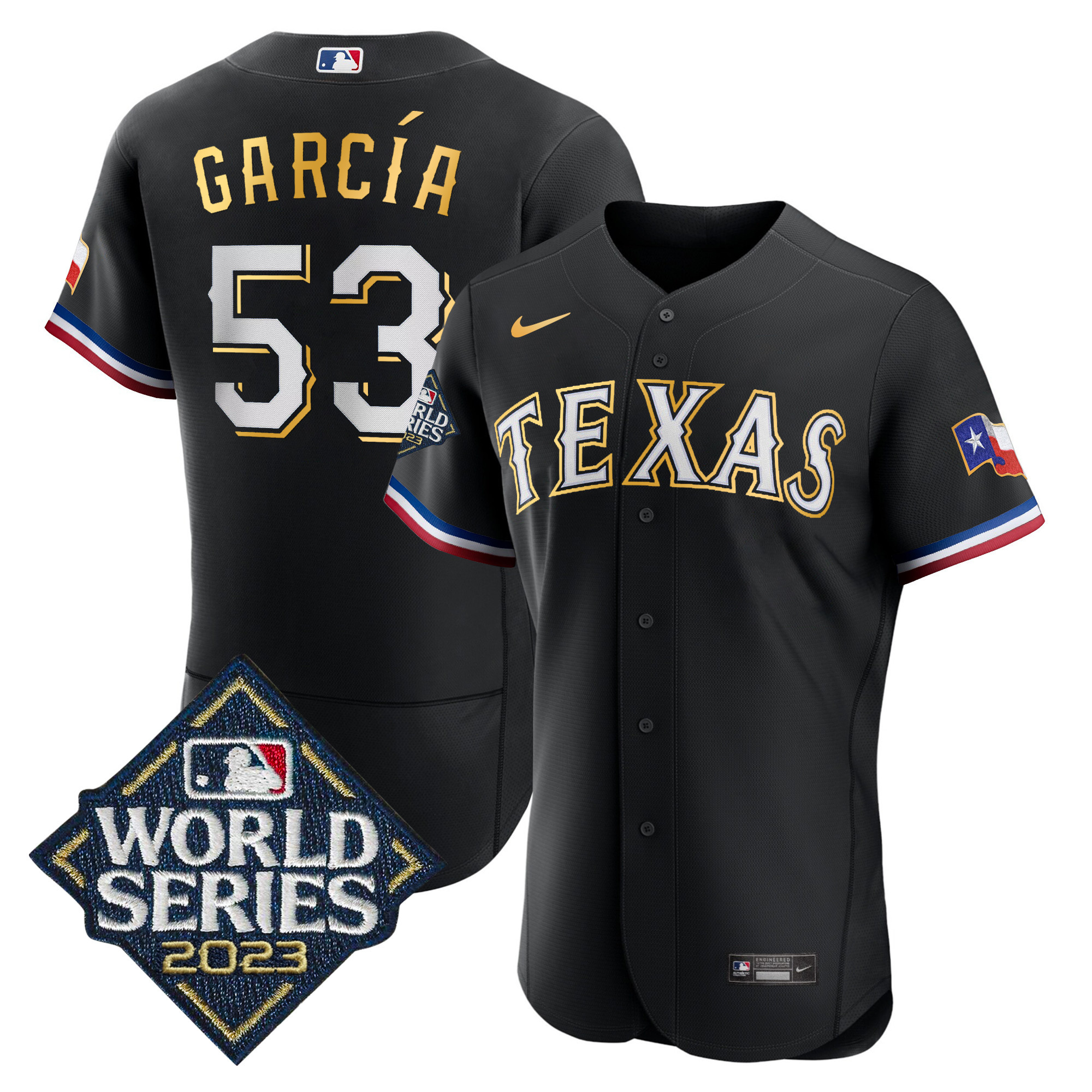 Adolis Garcia Men's Texas Rangers World Series Flex Base Gold Trim Black Jersey