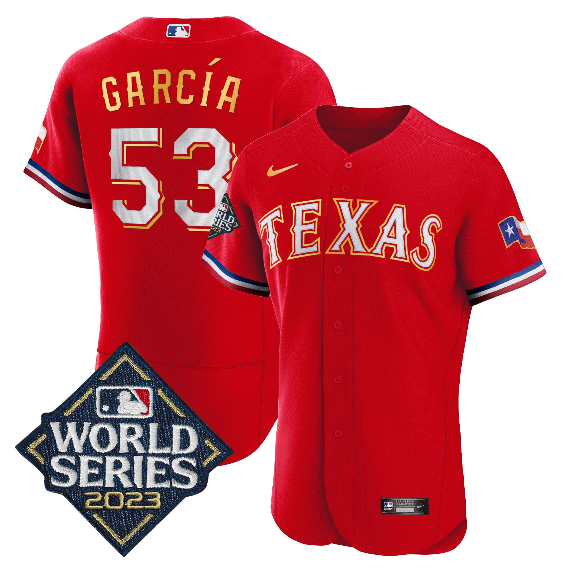 Adolis Garcia Men's Texas Rangers World Series Flex Base Gold Trim Red Jersey