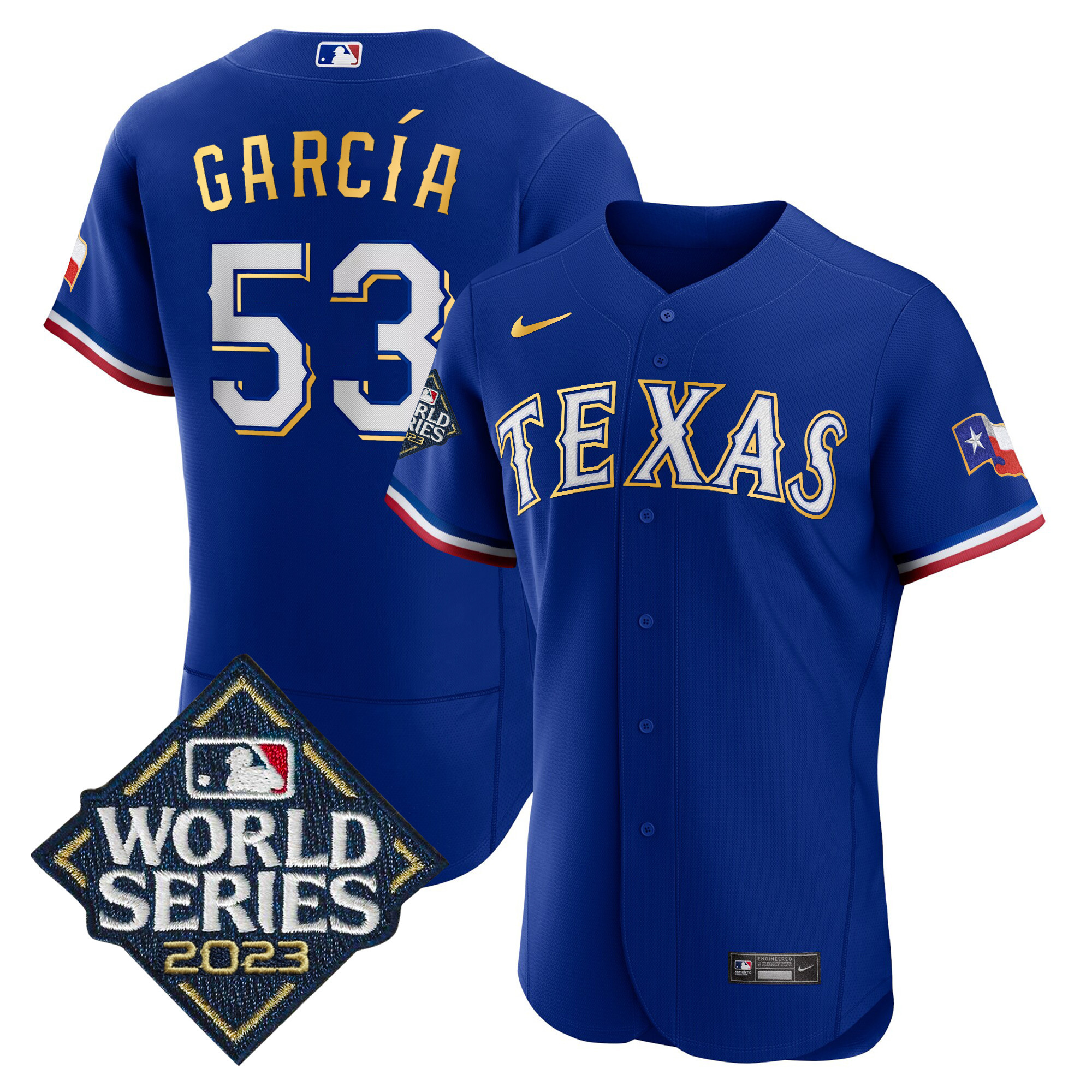 Adolis Garcia Men's Texas Rangers World Series Flex Base Gold Trim Royal Jersey
