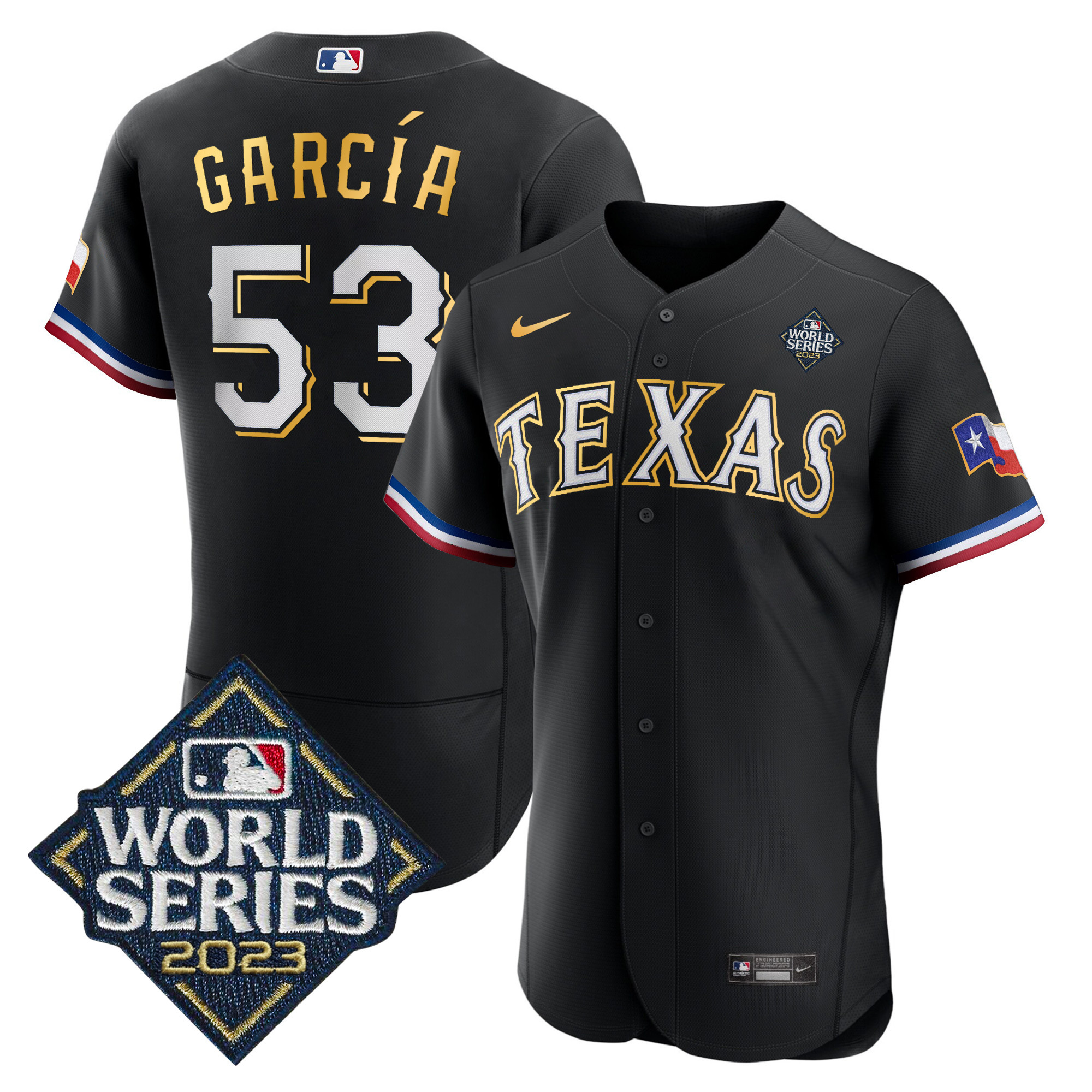 Adolis Garcia Men's Texas Rangers World Series Flex Base Gold Trim V2 Black Jersey