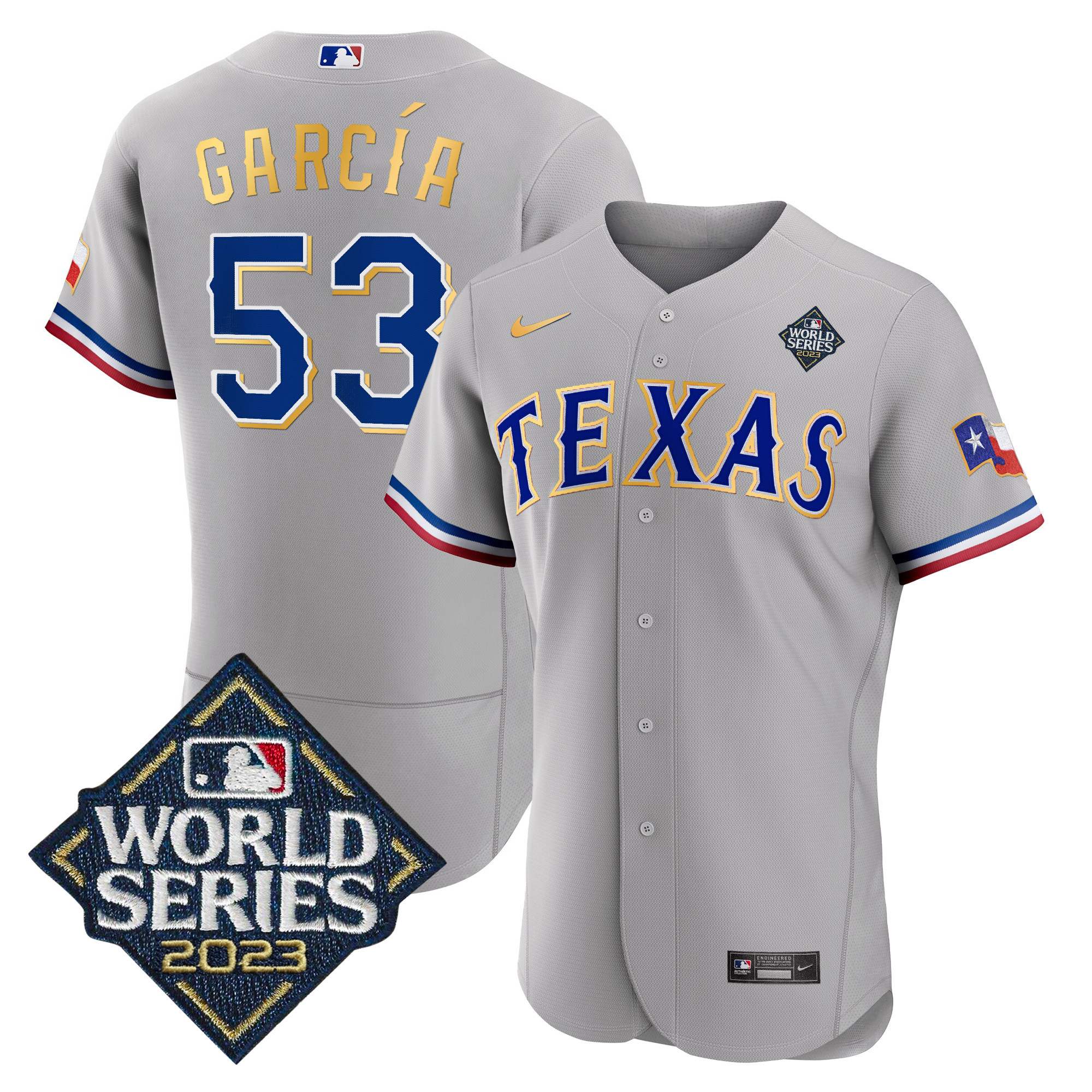 Adolis Garcia Men's Texas Rangers World Series Flex Base Gold Trim V2 Gray Jersey
