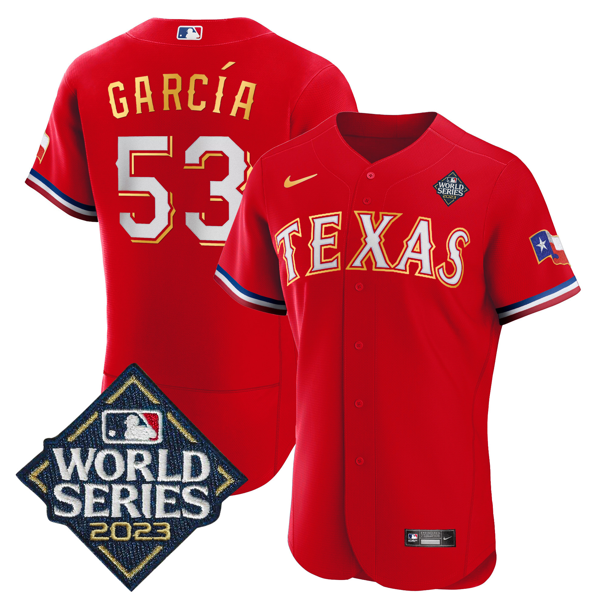 Adolis Garcia Men's Texas Rangers World Series Flex Base Gold Trim V2 Red Jersey